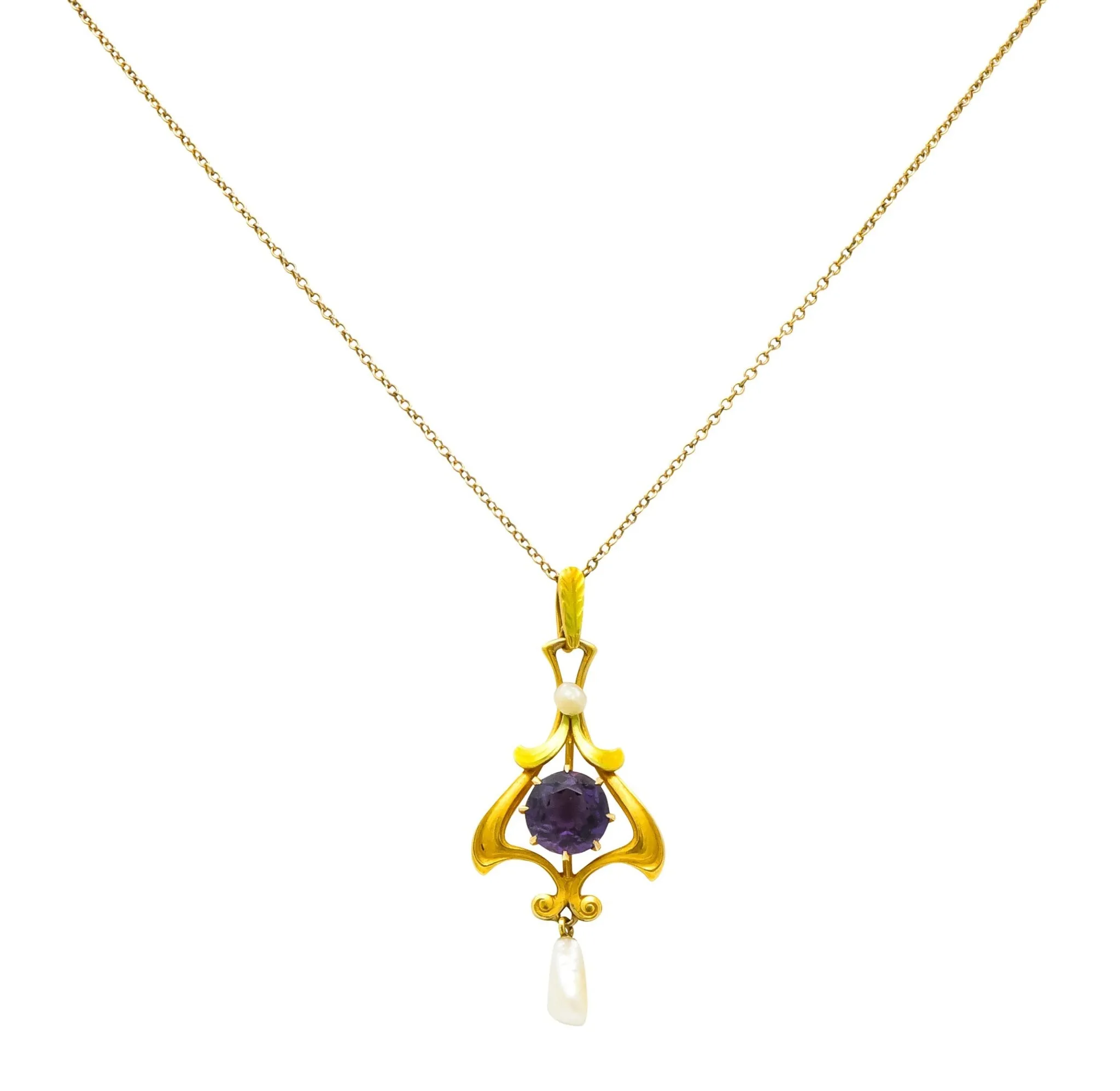 Art Nouveau Amethyst Pearl Enamel 14 Karat Gold Pendant Necklace