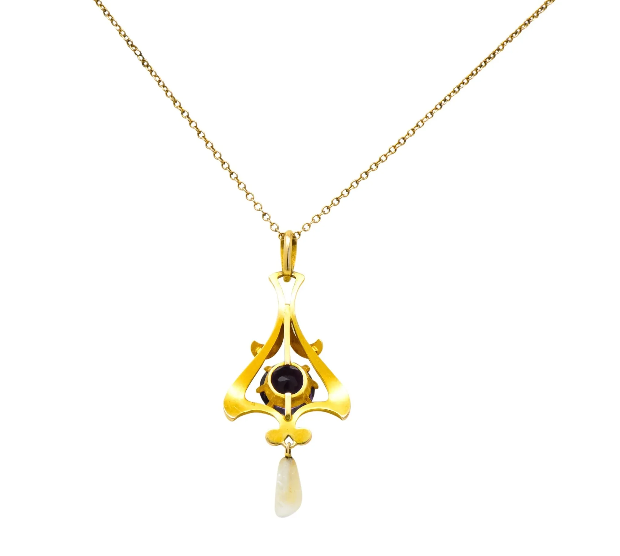 Art Nouveau Amethyst Pearl Enamel 14 Karat Gold Pendant Necklace