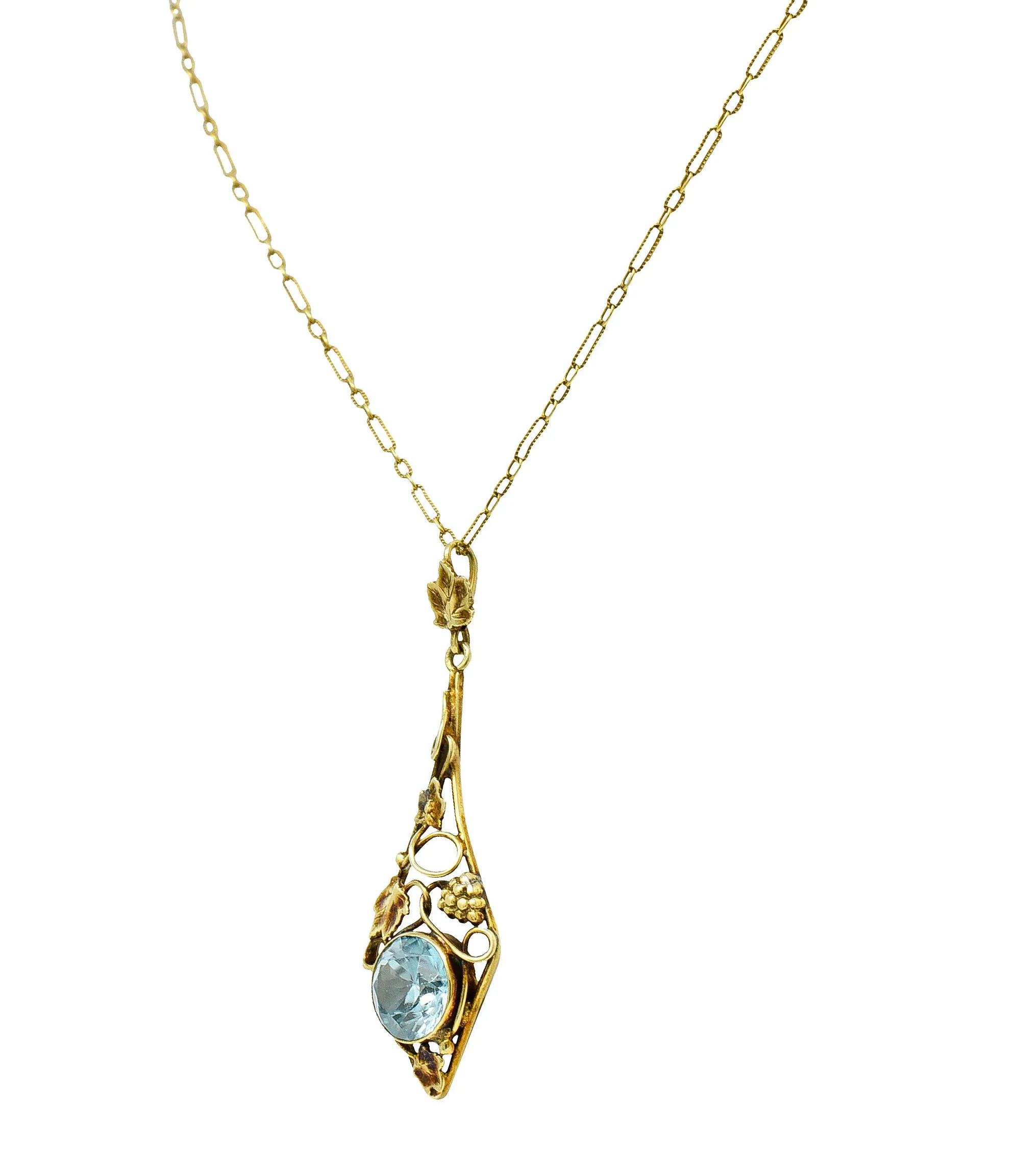 Art Nouveau Blue Zircon 14 Karat Gold Ivy Grape Pendant Necklace