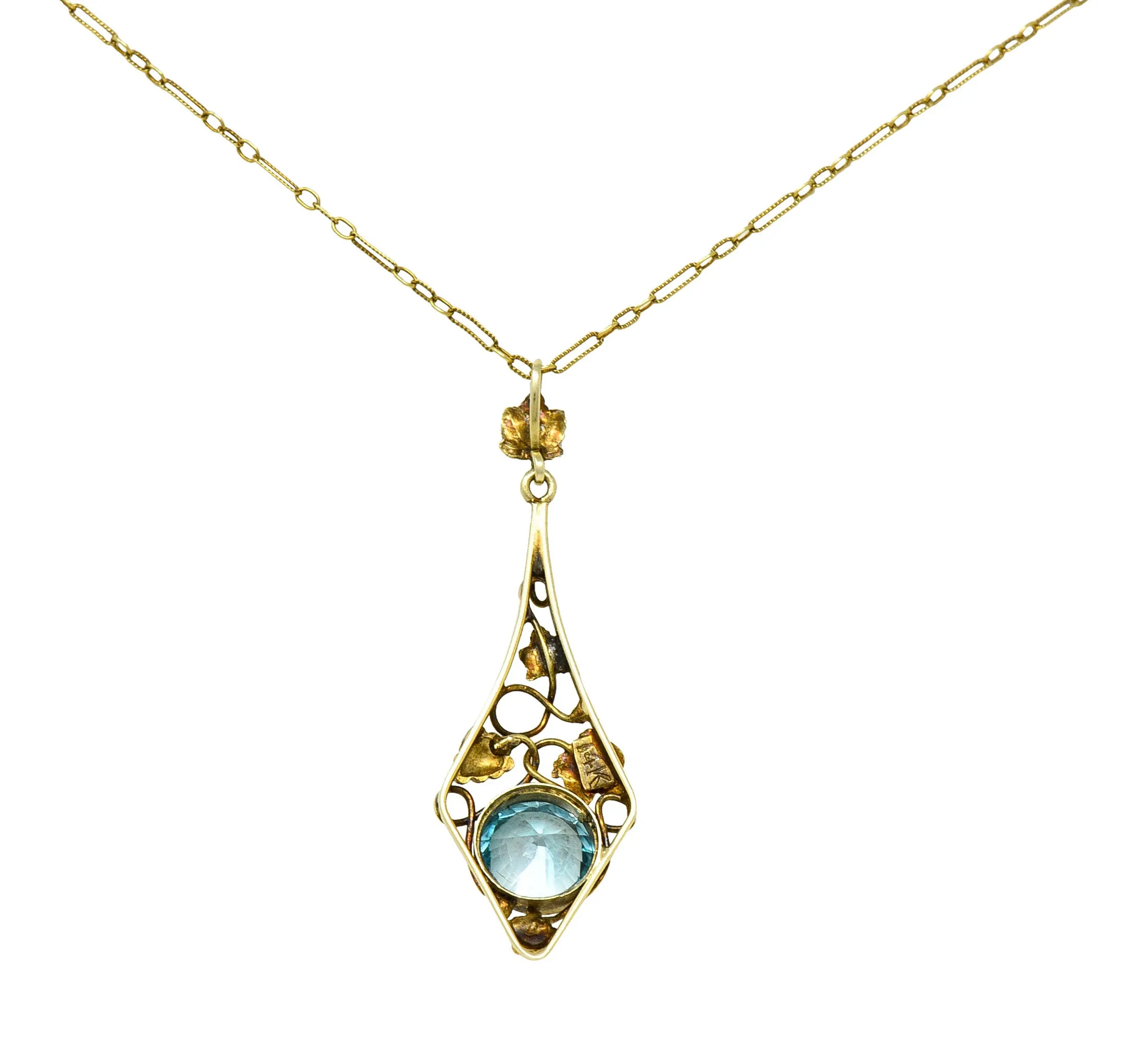 Art Nouveau Blue Zircon 14 Karat Gold Ivy Grape Pendant Necklace