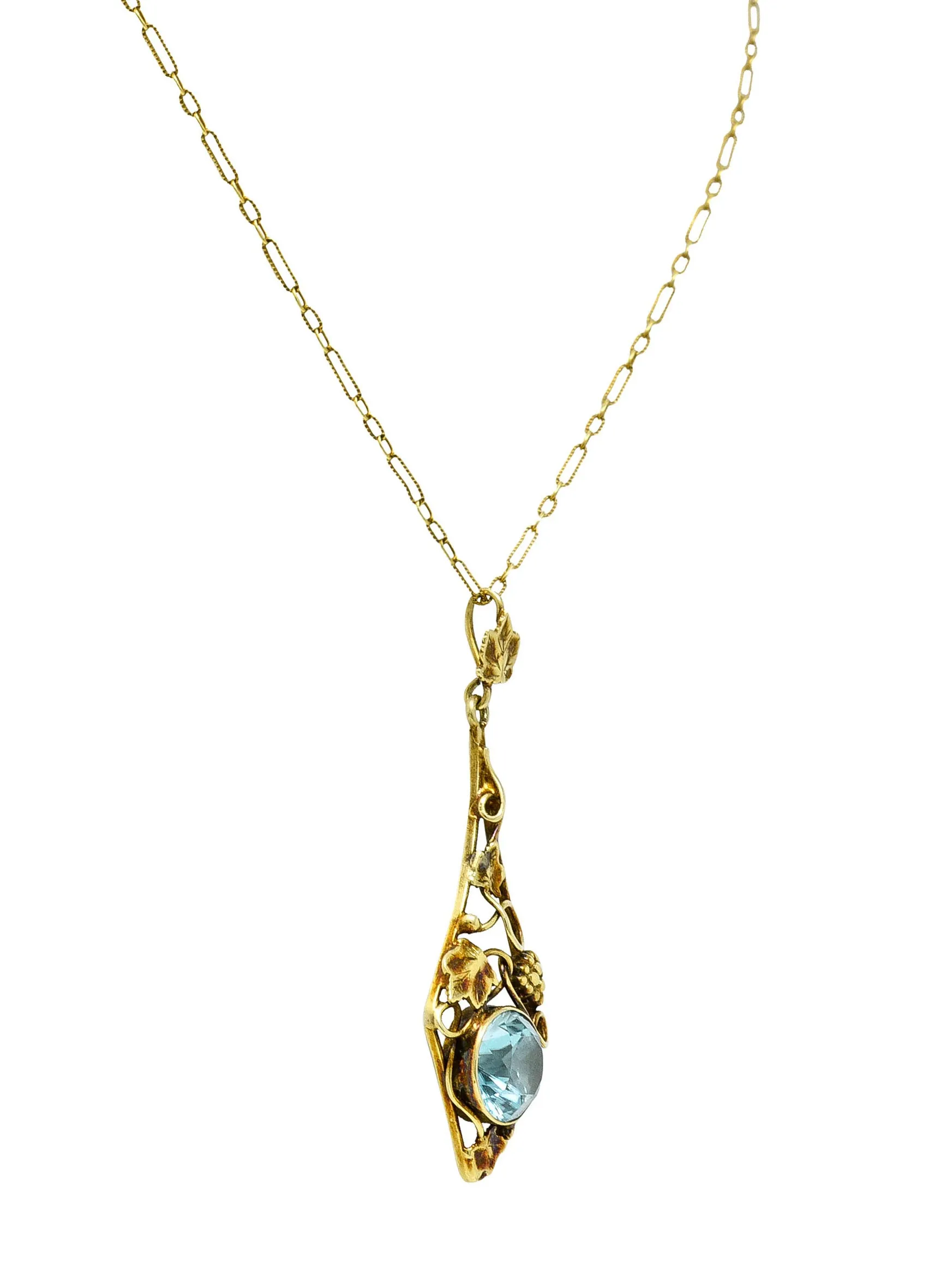 Art Nouveau Blue Zircon 14 Karat Gold Ivy Grape Pendant Necklace