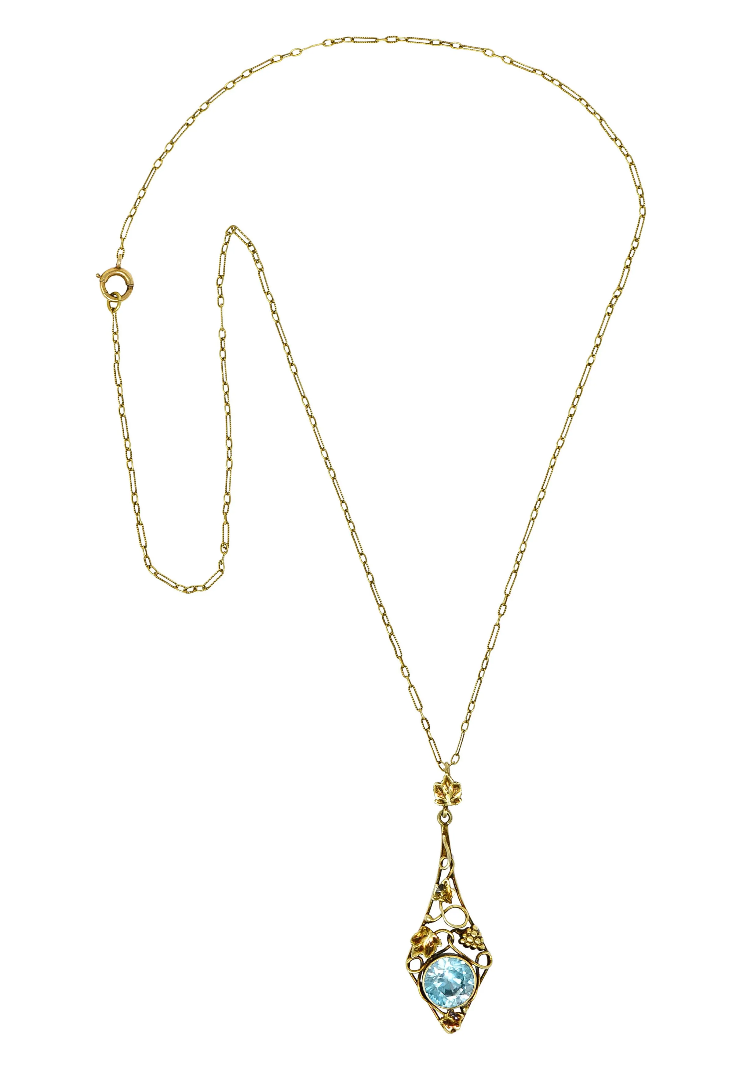 Art Nouveau Blue Zircon 14 Karat Gold Ivy Grape Pendant Necklace