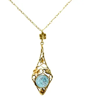 Art Nouveau Blue Zircon 14 Karat Gold Ivy Grape Pendant Necklace