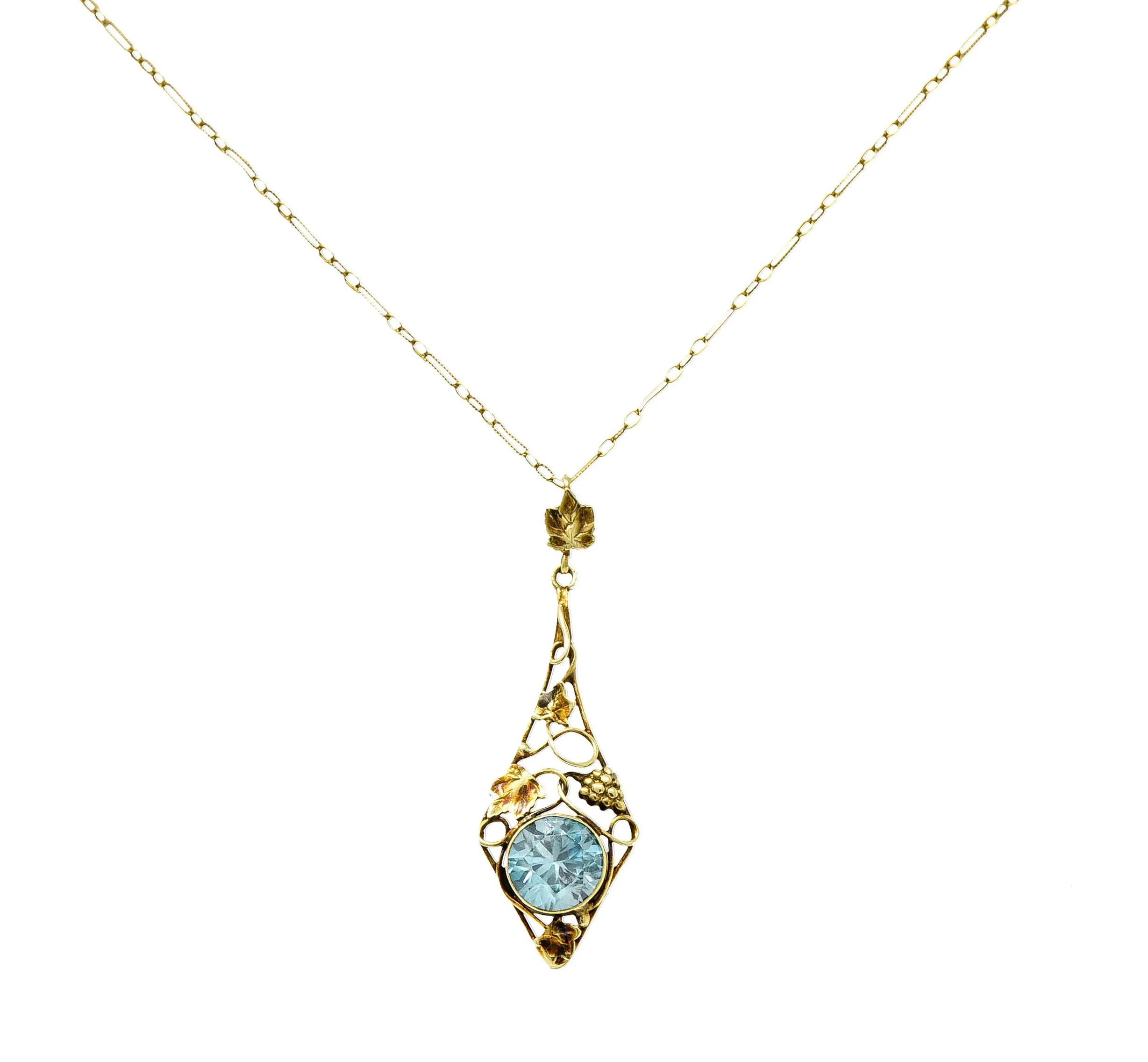 Art Nouveau Blue Zircon 14 Karat Gold Ivy Grape Pendant Necklace