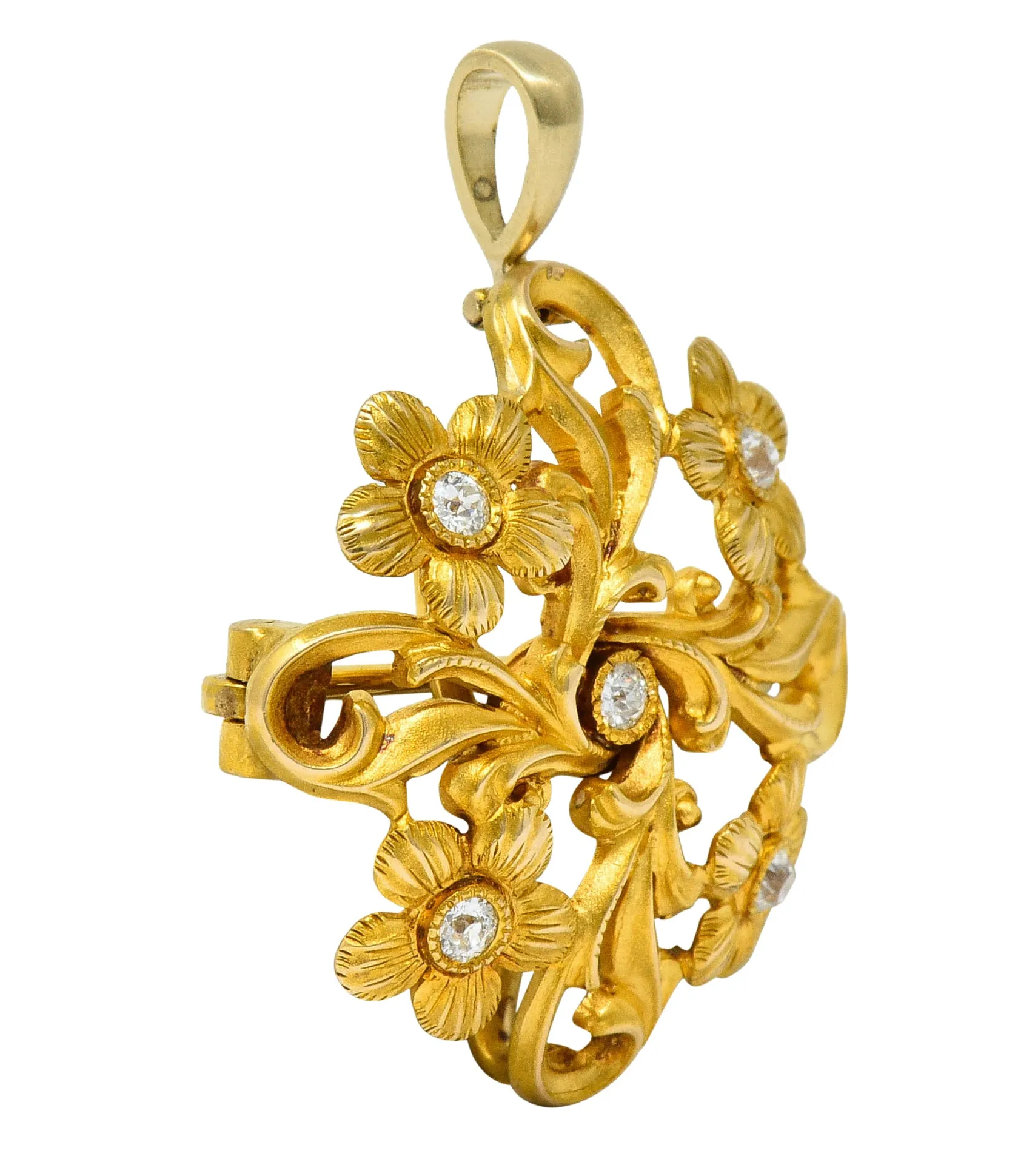Art Nouveau Diamond 14 Karat Gold Whiplash Floral Pendant Brooch