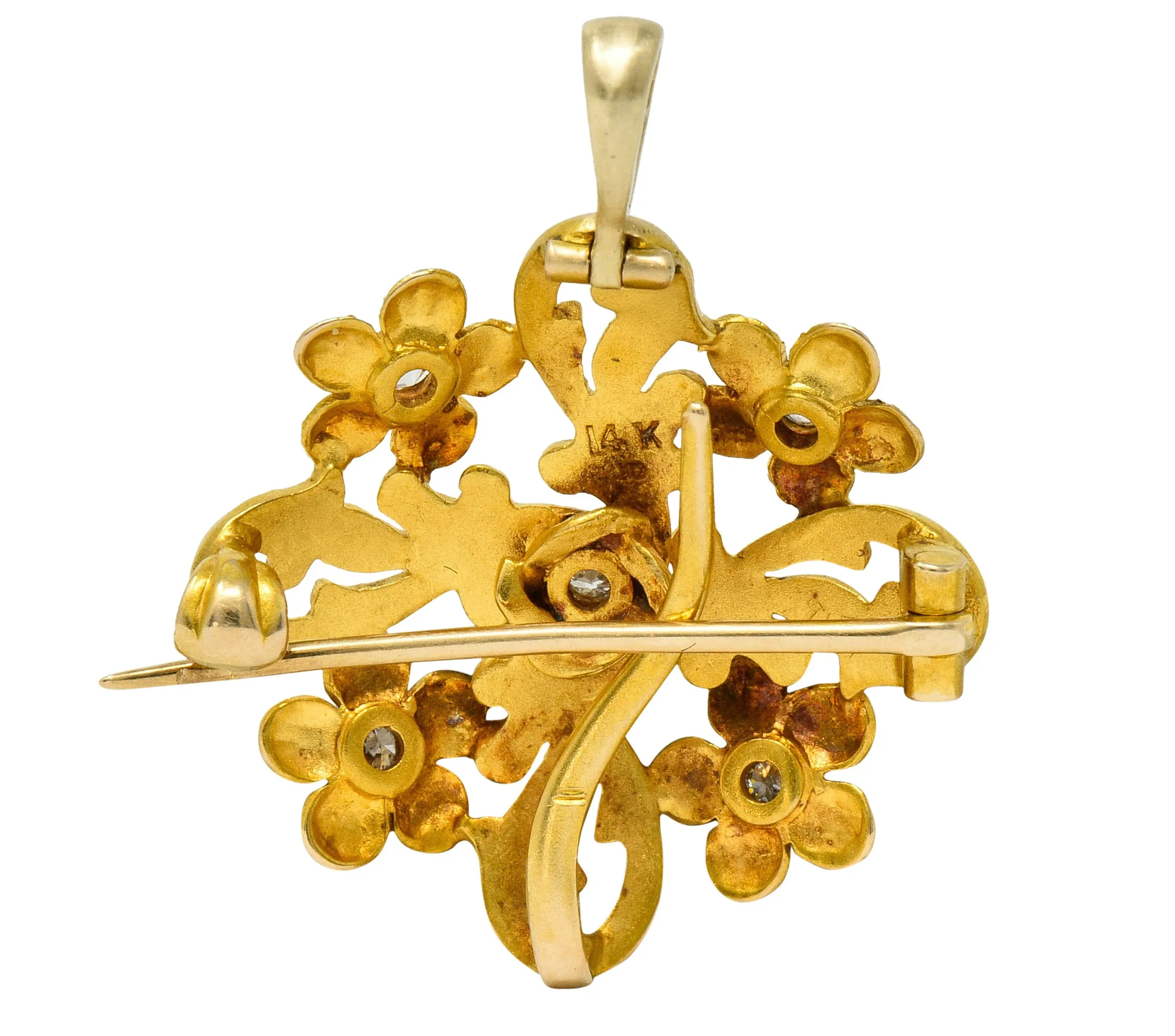 Art Nouveau Diamond 14 Karat Gold Whiplash Floral Pendant Brooch