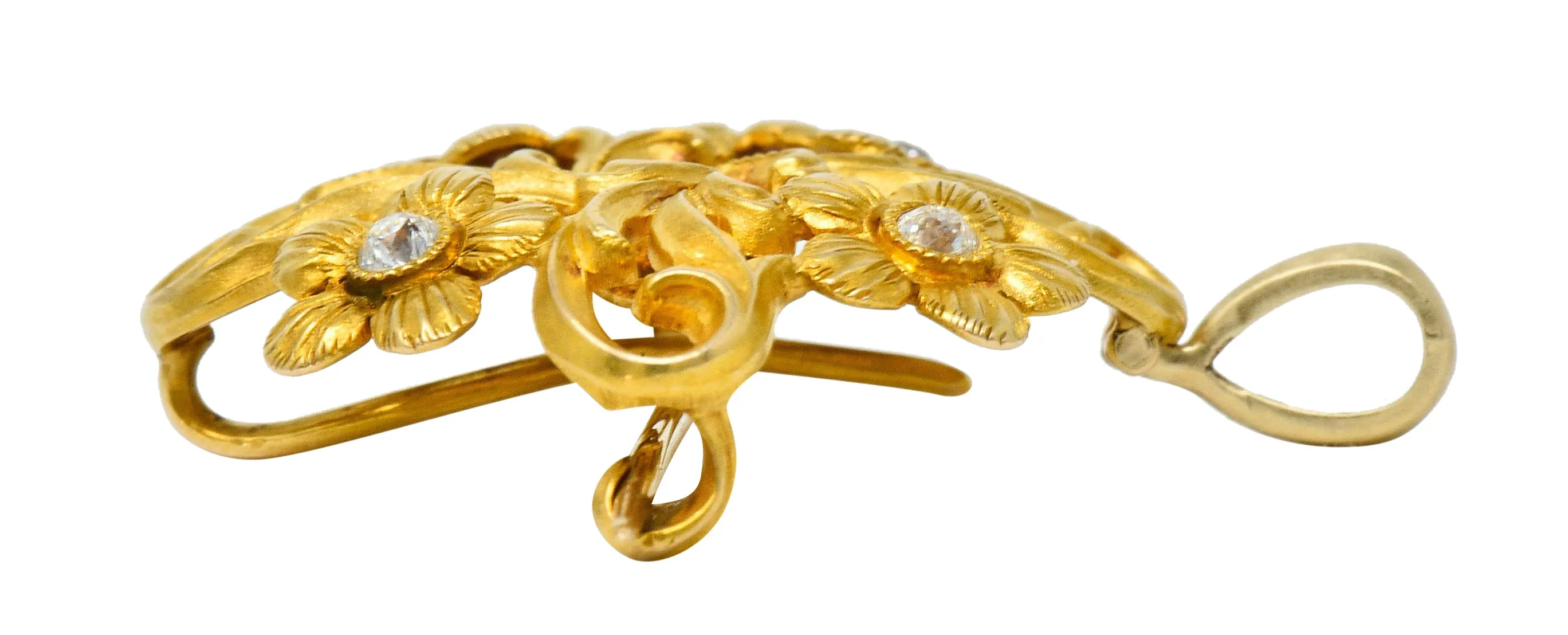 Art Nouveau Diamond 14 Karat Gold Whiplash Floral Pendant Brooch