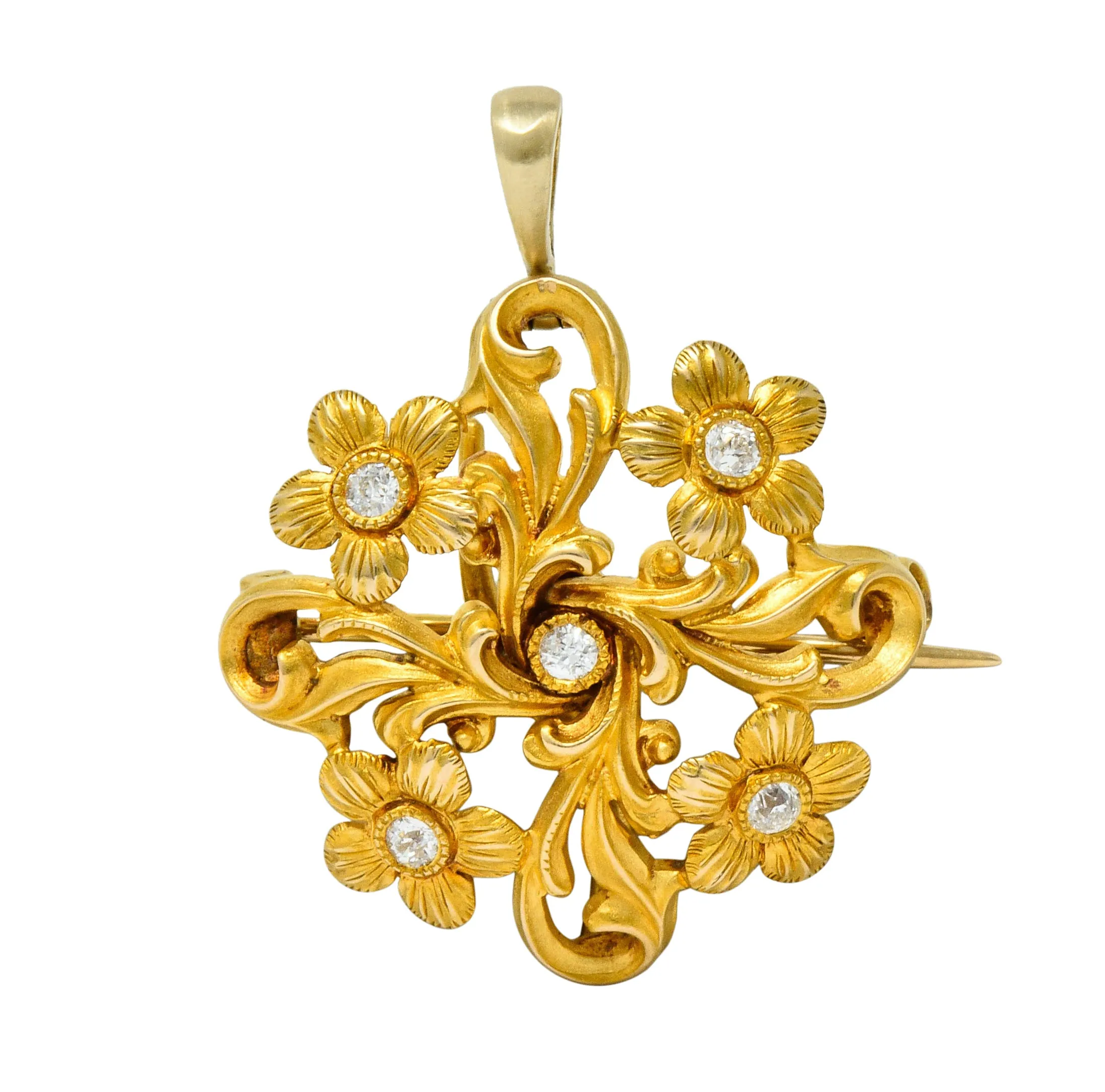 Art Nouveau Diamond 14 Karat Gold Whiplash Floral Pendant Brooch