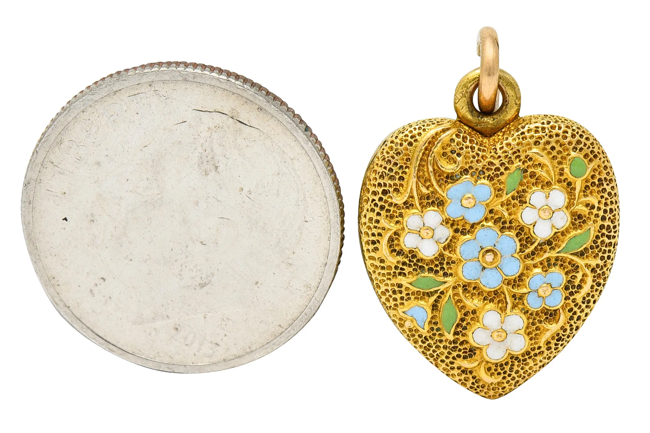 Art Nouveau Enamel 14 Karat Gold Floral Heart Locket Charm