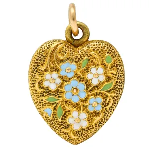 Art Nouveau Enamel 14 Karat Gold Floral Heart Locket Charm