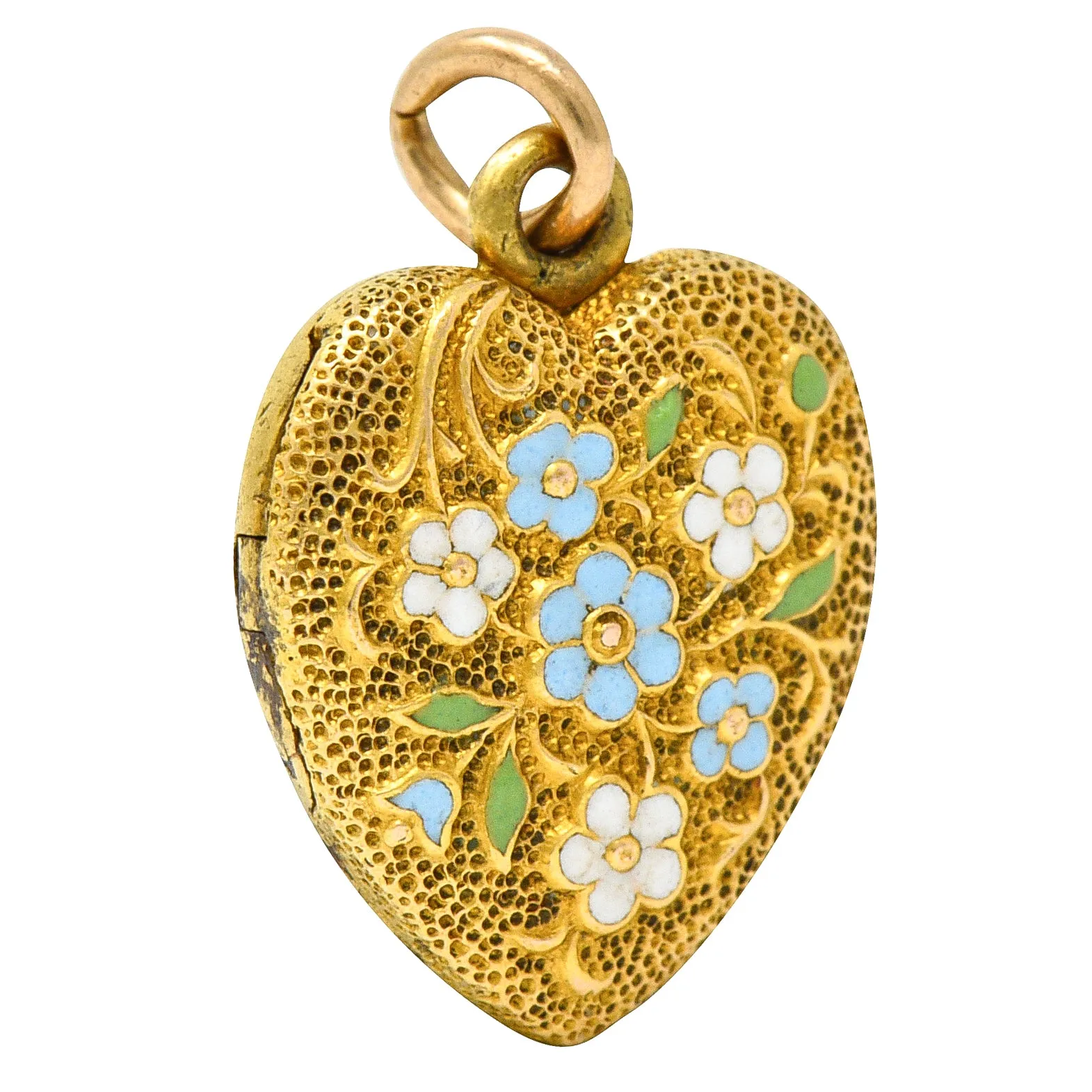 Art Nouveau Enamel 14 Karat Gold Floral Heart Locket Charm