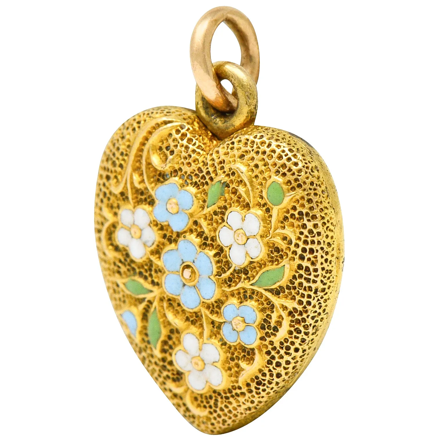 Art Nouveau Enamel 14 Karat Gold Floral Heart Locket Charm