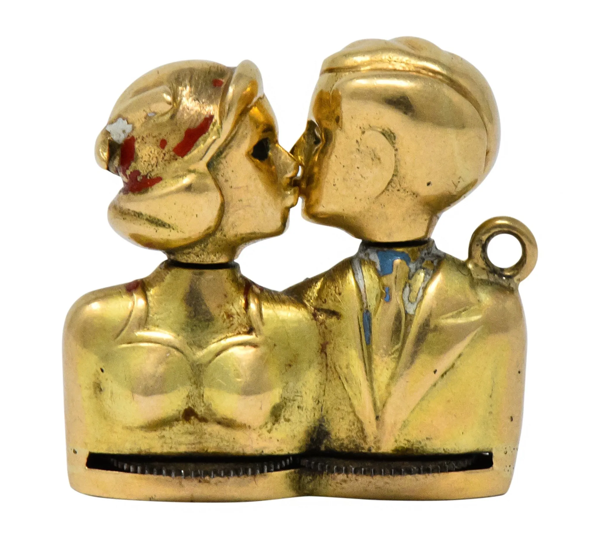 Art Nouveau Enamel 14 Karat Gold Moveable Kissing Couple Charm