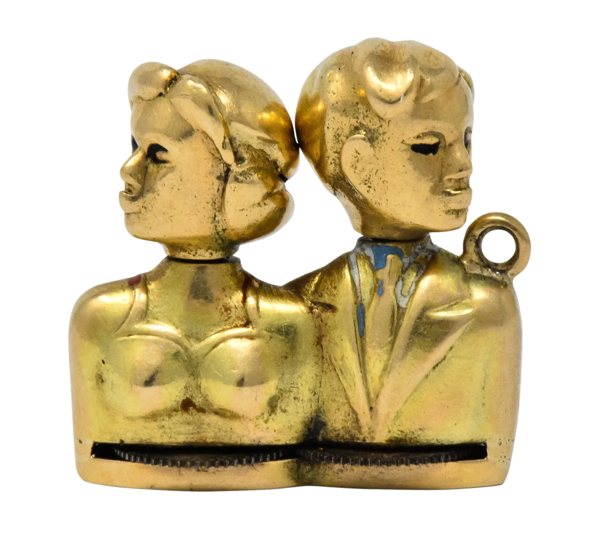 Art Nouveau Enamel 14 Karat Gold Moveable Kissing Couple Charm