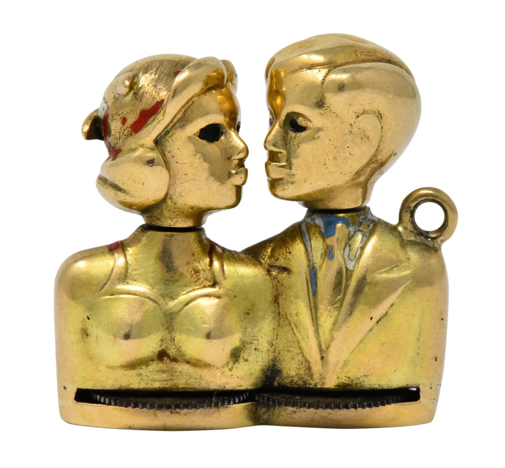 Art Nouveau Enamel 14 Karat Gold Moveable Kissing Couple Charm
