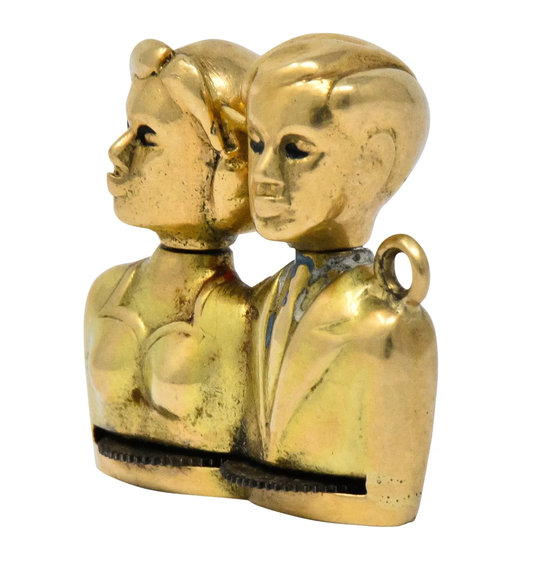 Art Nouveau Enamel 14 Karat Gold Moveable Kissing Couple Charm