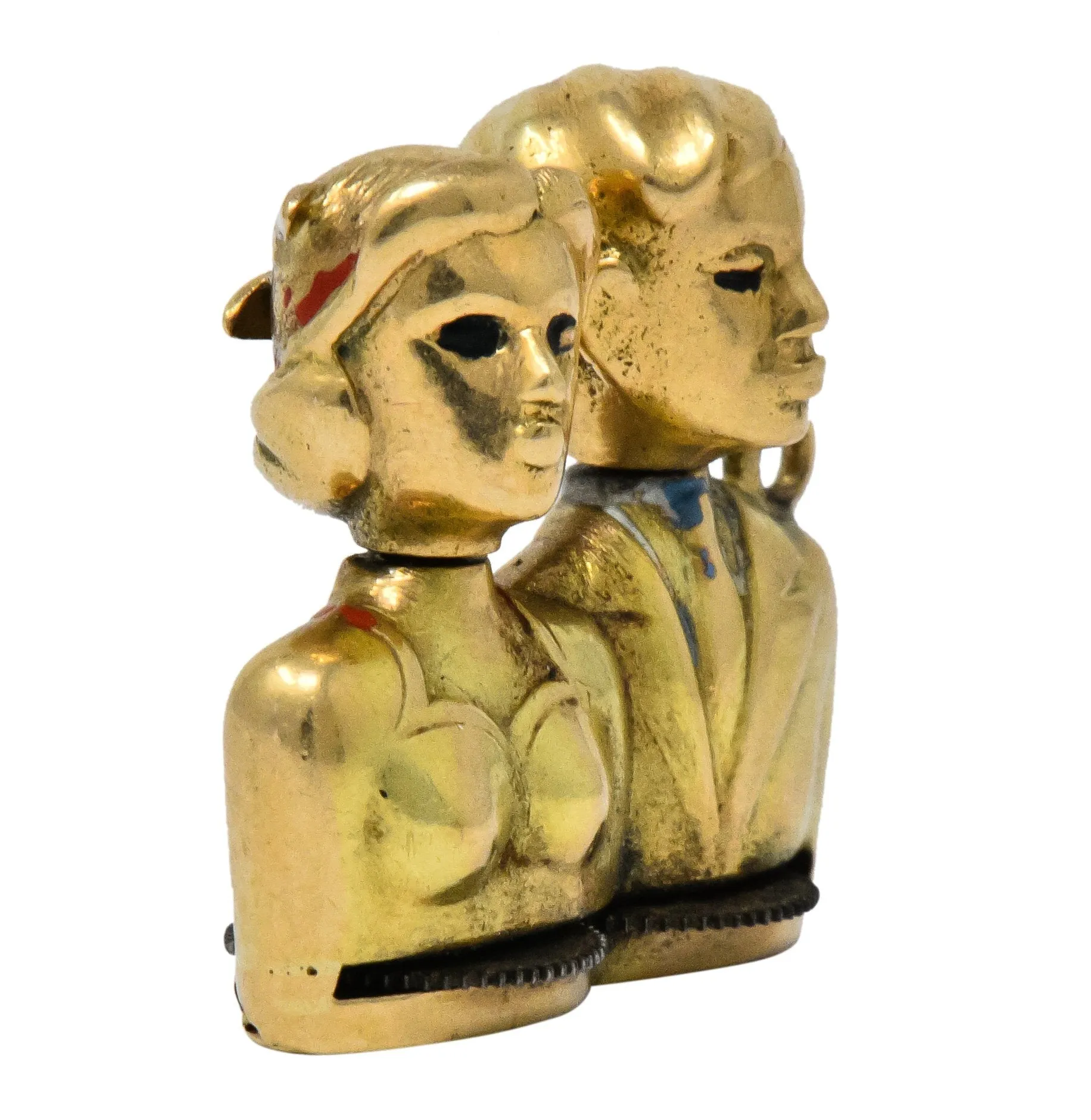 Art Nouveau Enamel 14 Karat Gold Moveable Kissing Couple Charm