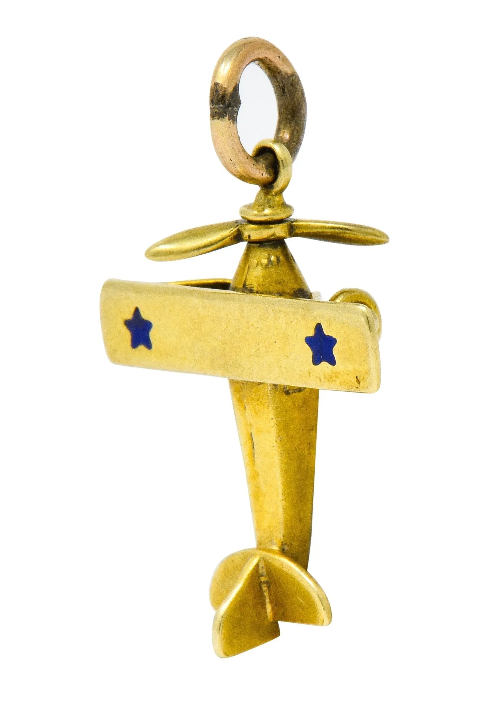 Art Nouveau Enamel 14 Karat Gold Star Propeller Plane Charm