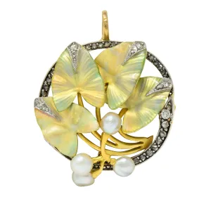 Art Nouveau Enamel Pearl Diamond Platinum-Topped 18 Karat Two-Tone Gold Ivy Pendant