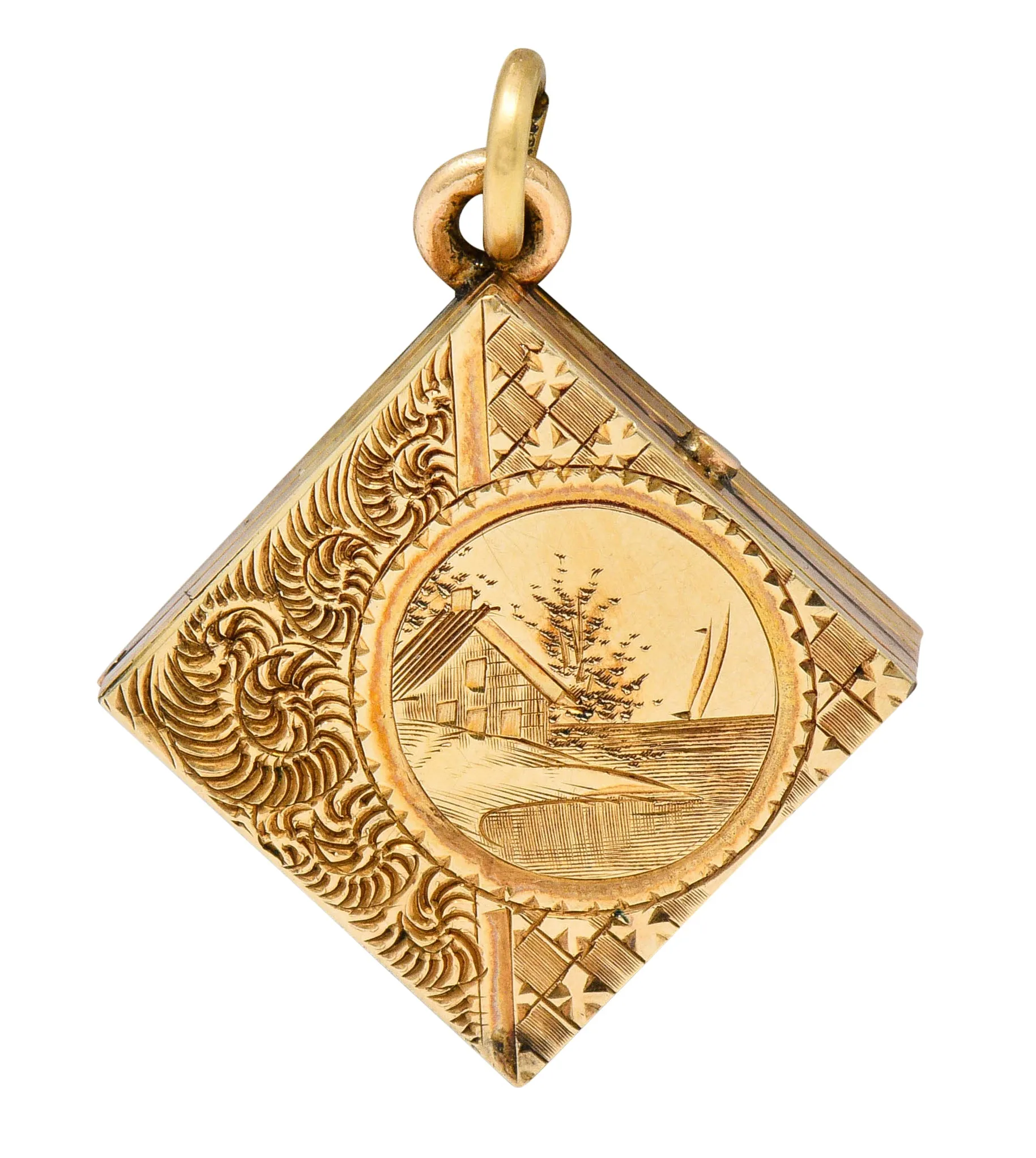 Art Nouveau Gold Landscape Locket Charm Circa 1900