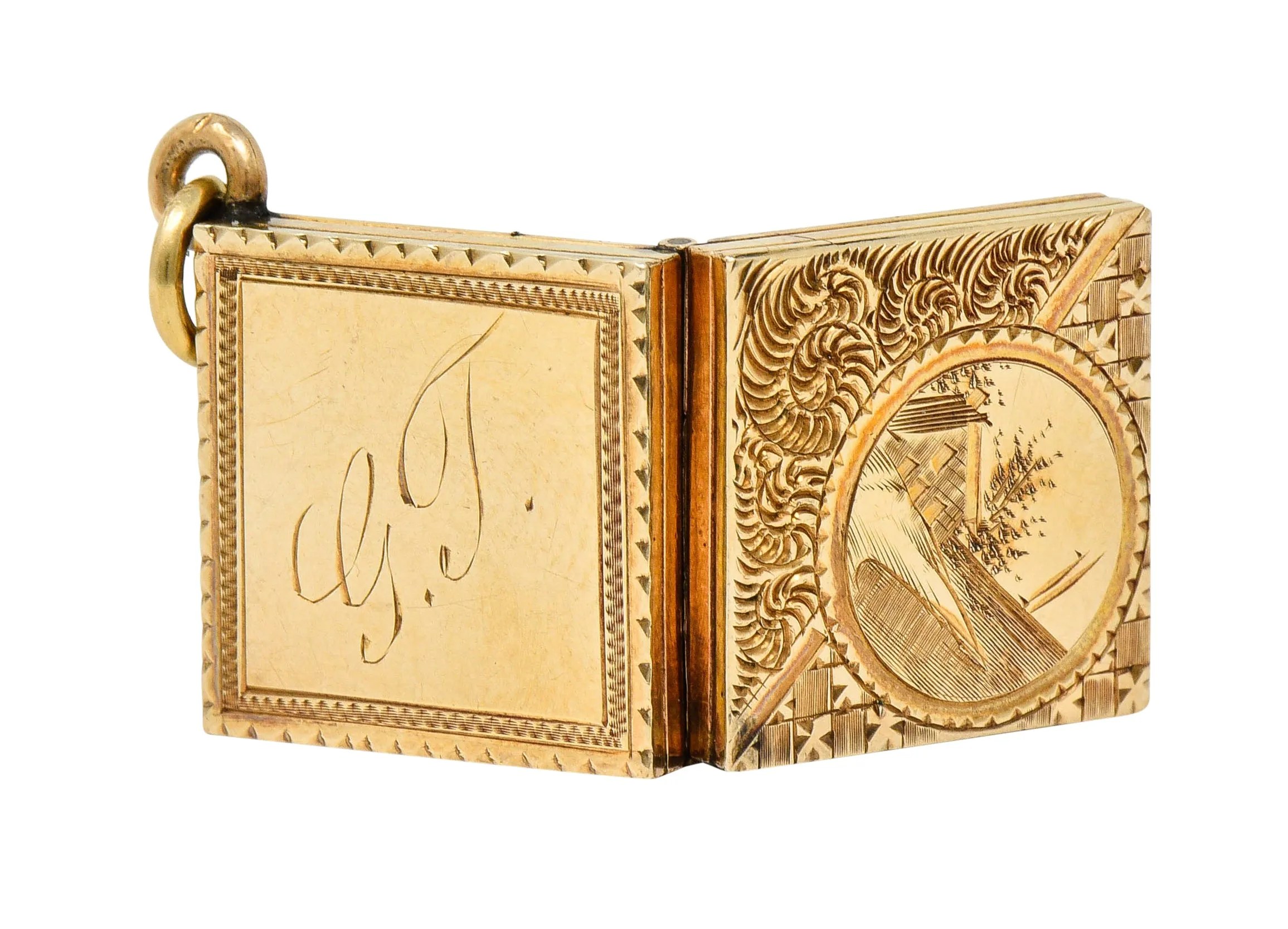 Art Nouveau Gold Landscape Locket Charm Circa 1900