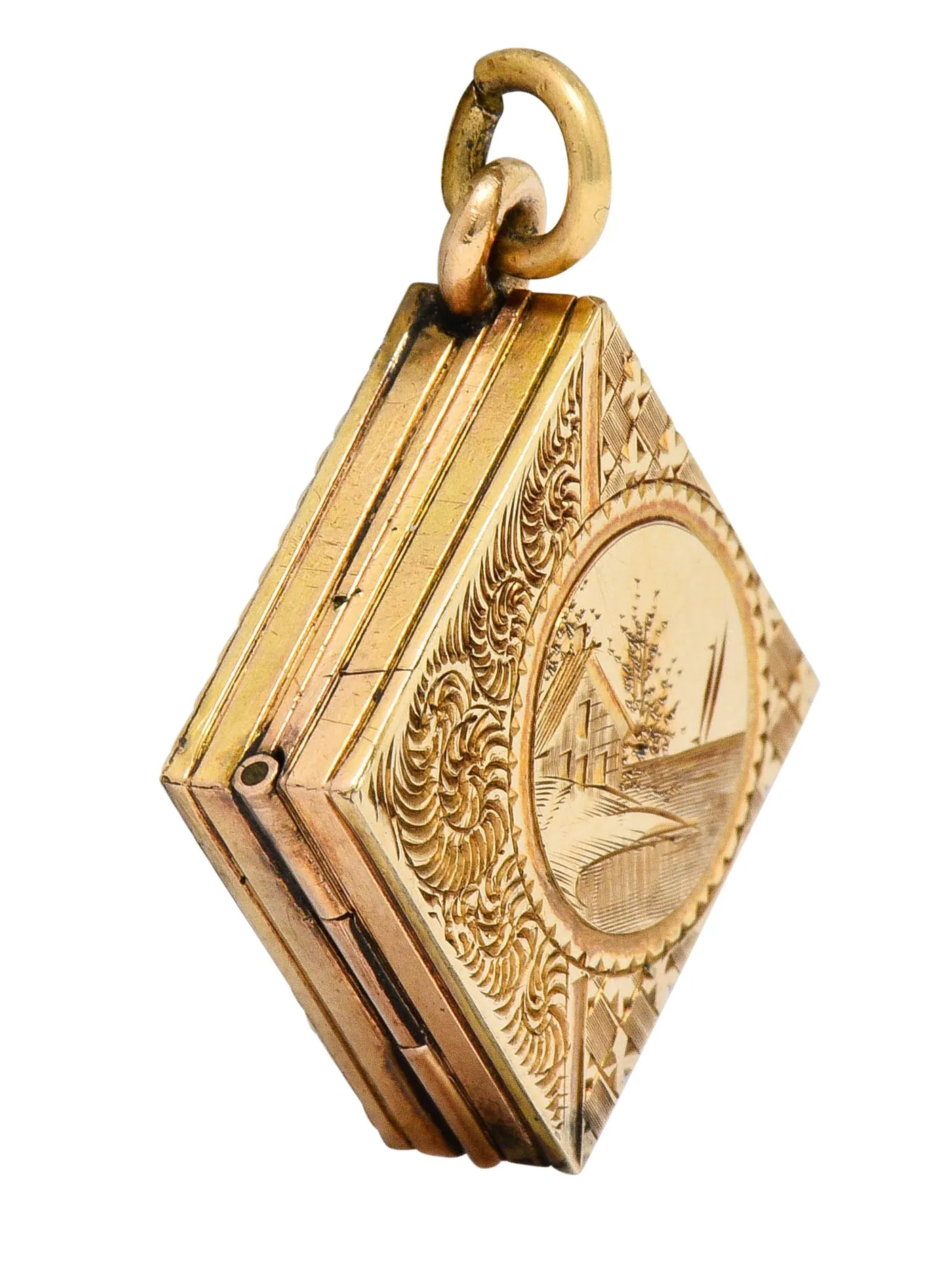 Art Nouveau Gold Landscape Locket Charm Circa 1900