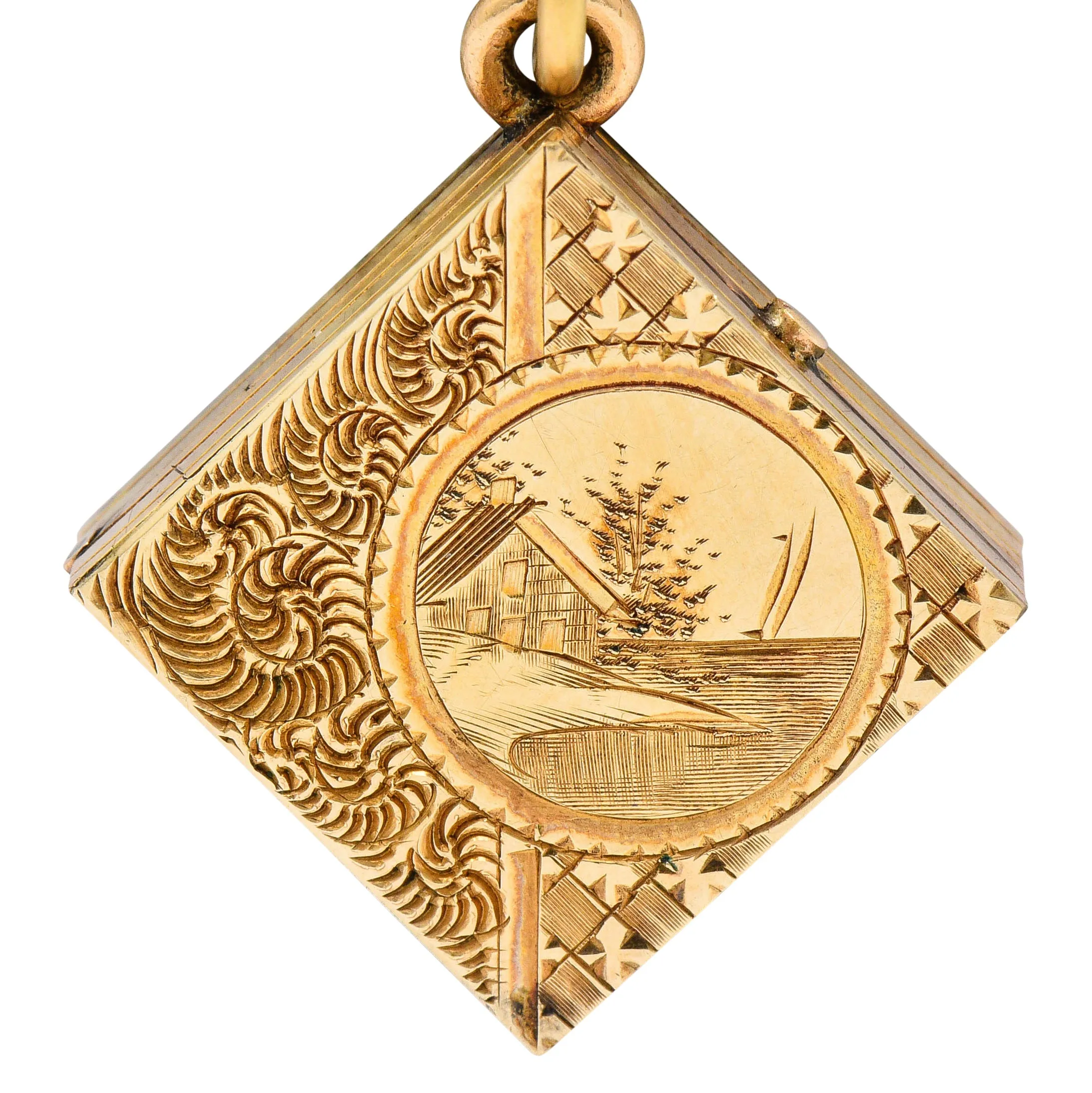 Art Nouveau Gold Landscape Locket Charm Circa 1900
