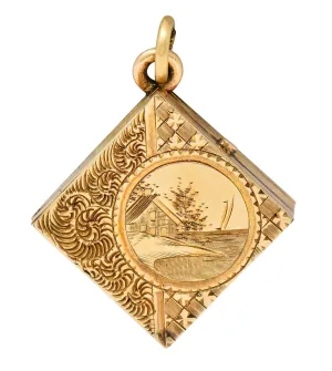 Art Nouveau Gold Landscape Locket Charm Circa 1900