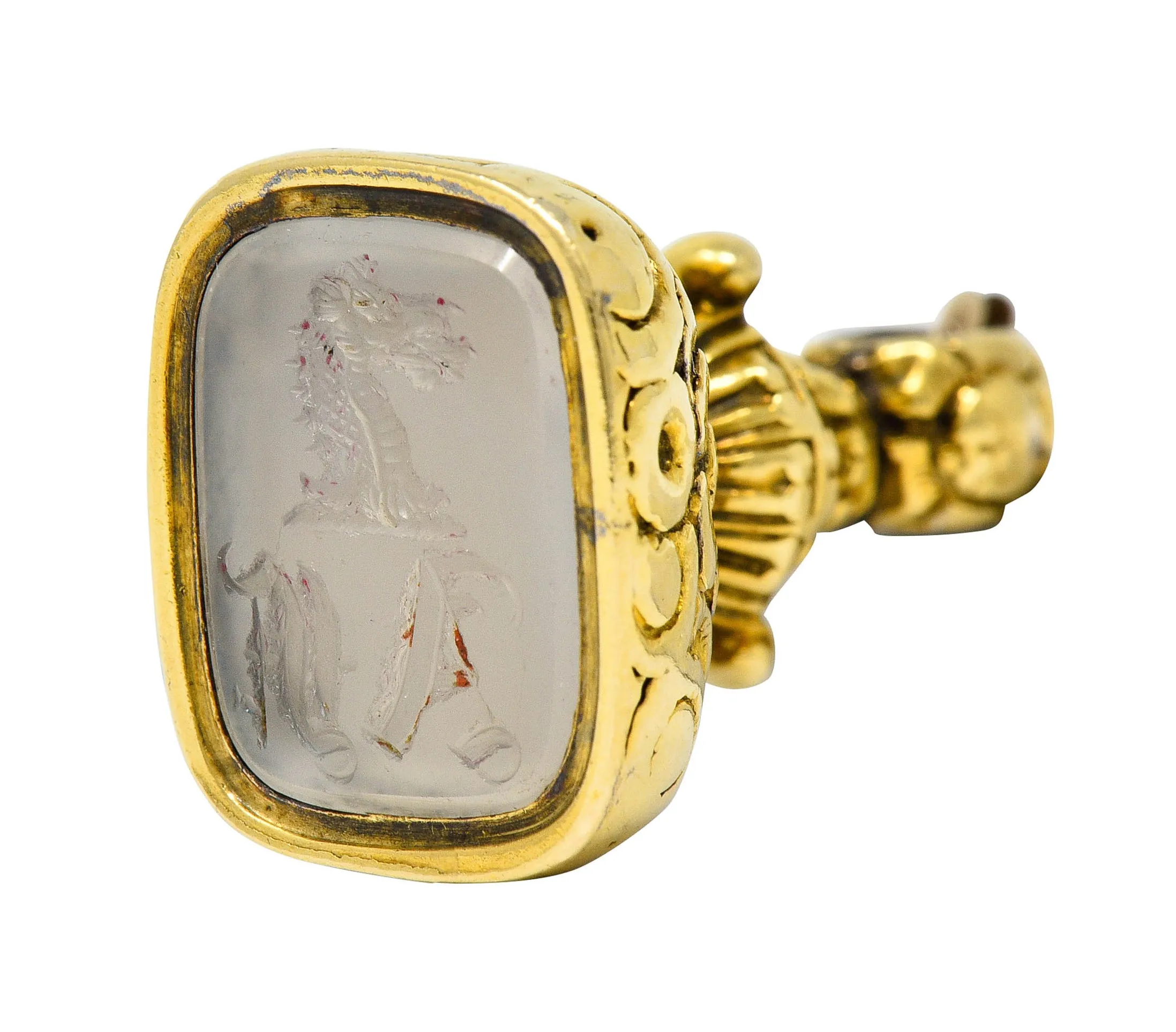 Art Nouveau White Agate Intaglio 14 Karat Gold Fob Pendant Charm