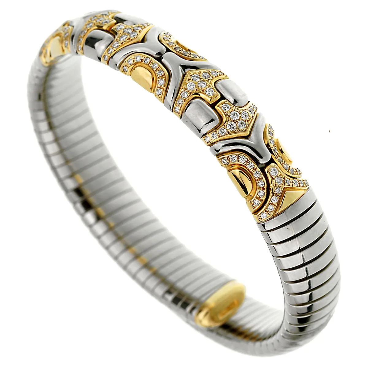 Bvlgari Alveare Diamond Stainless Steel Gold Cuff Bracelet