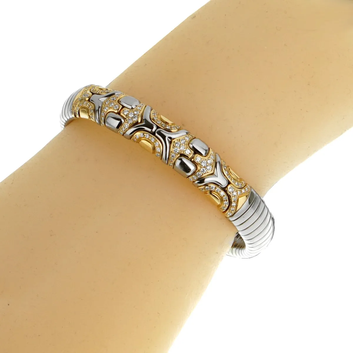 Bvlgari Alveare Diamond Stainless Steel Gold Cuff Bracelet
