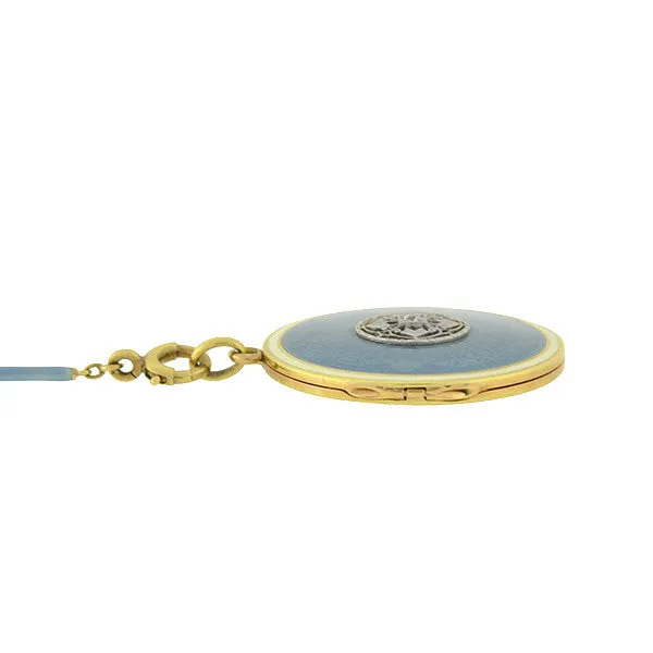 Edwardian 14kt Blue Guilloch Enamel Locket & Chain