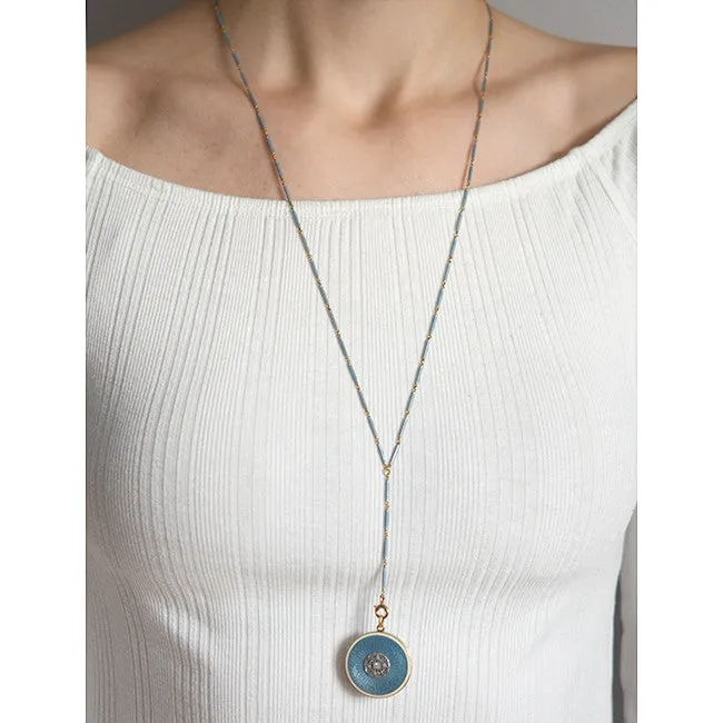 Edwardian 14kt Blue Guilloch Enamel Locket & Chain