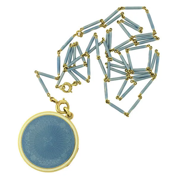 Edwardian 14kt Blue Guilloch Enamel Locket & Chain
