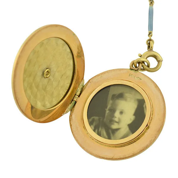 Edwardian 14kt Blue Guilloch Enamel Locket & Chain