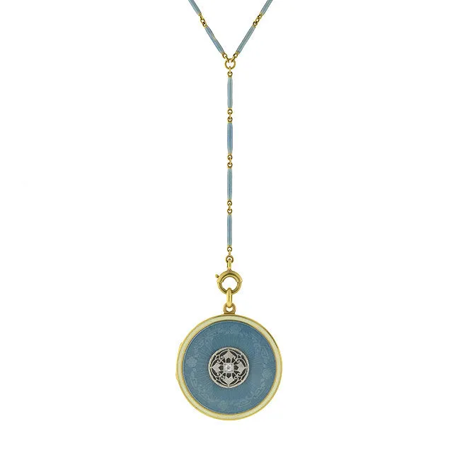 Edwardian 14kt Blue Guilloch Enamel Locket & Chain