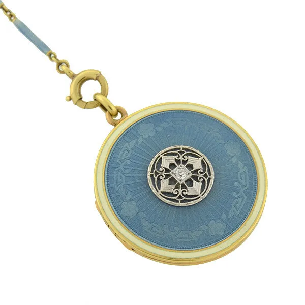 Edwardian 14kt Blue Guilloch Enamel Locket & Chain