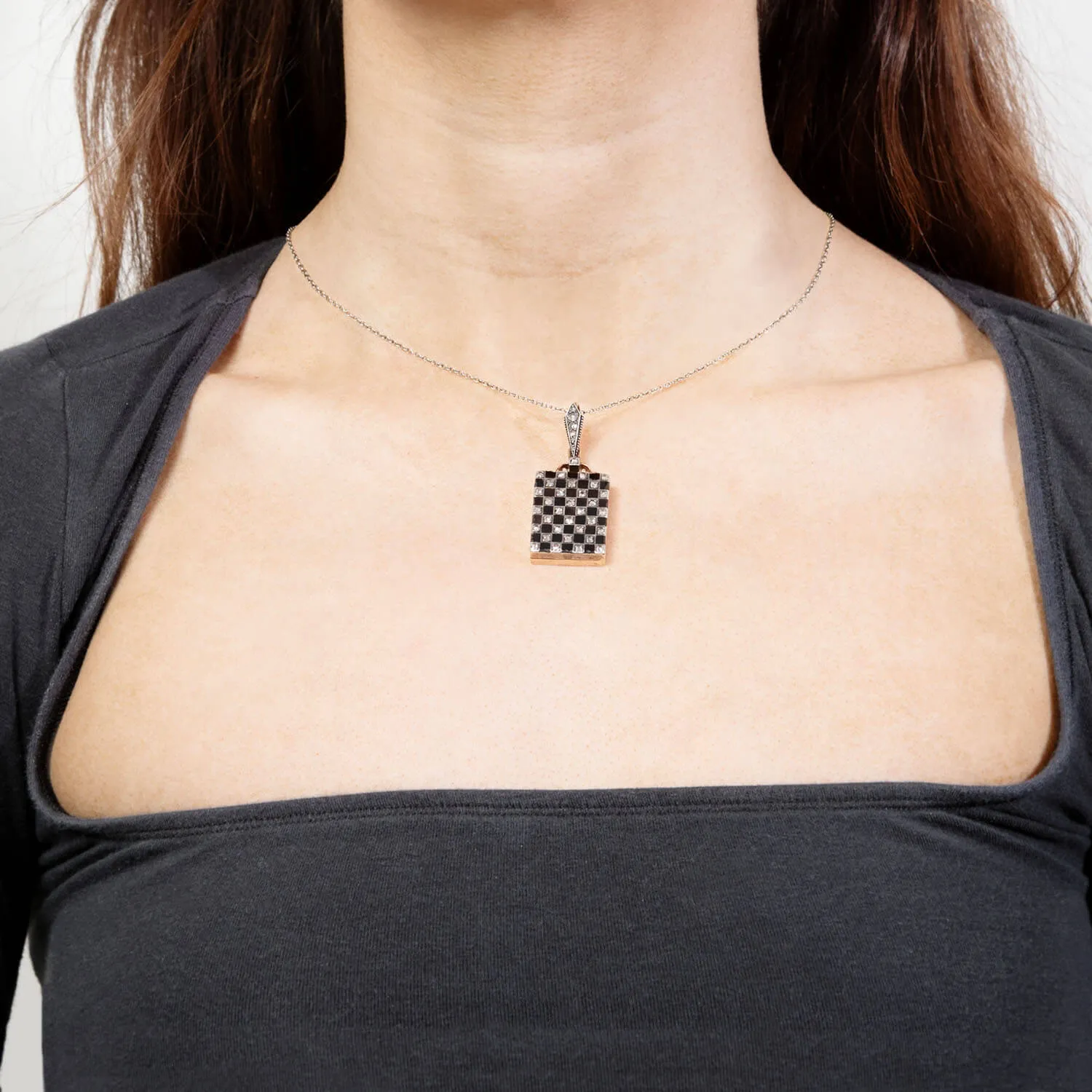 Edwardian 18kt Platinum Onyx & Diamond Checkerboard Locket