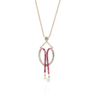 Edwardian 18kt/Platinum Diamond, Calibrated Ruby   Natural Pearl Necklace