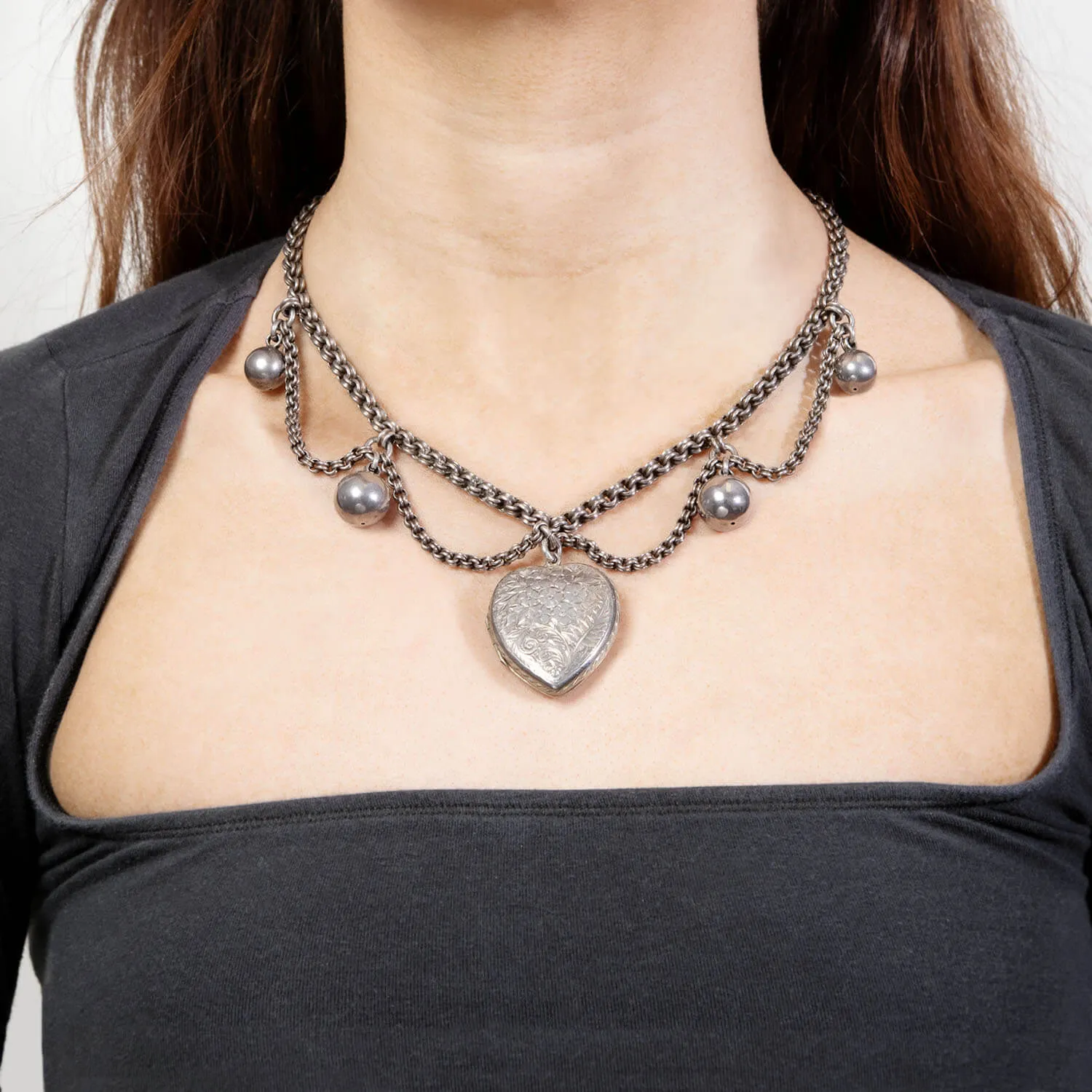 Edwardian Sterling Silver Heart Locket Pendant Festoon Necklace