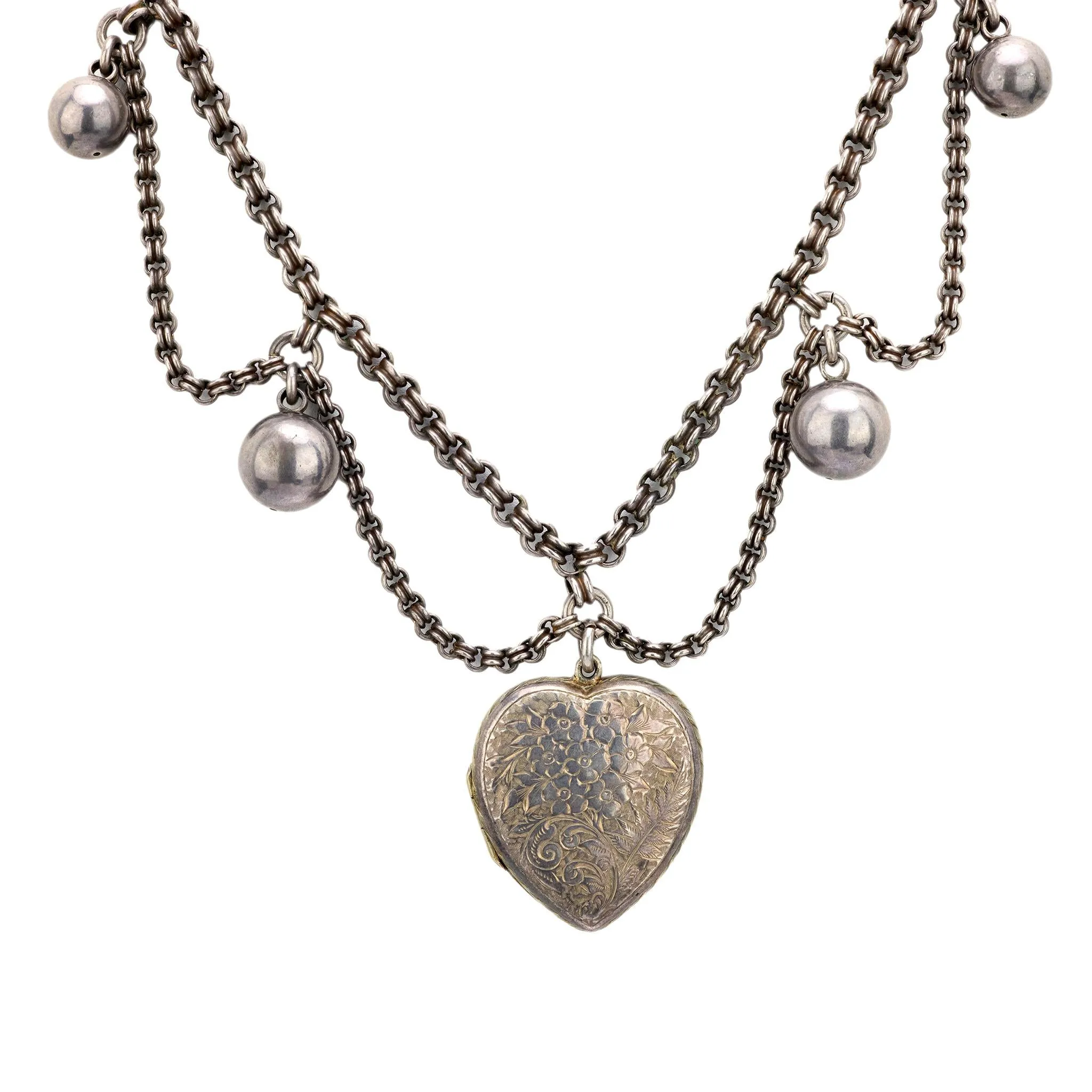 Edwardian Sterling Silver Heart Locket Pendant Festoon Necklace