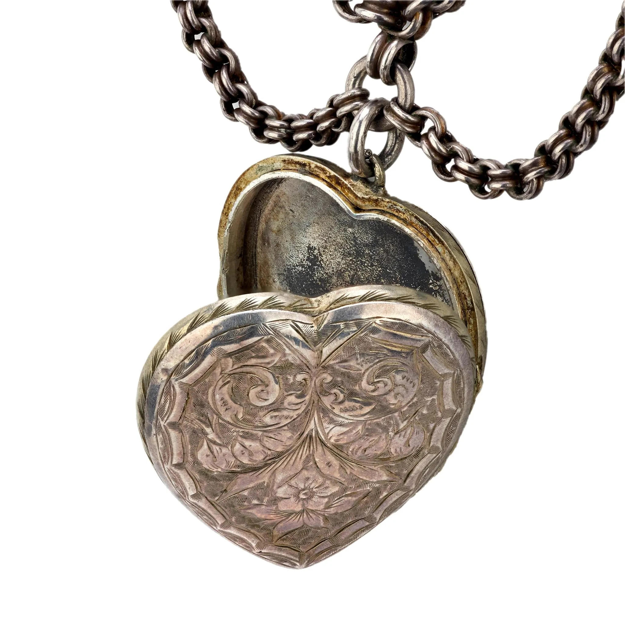 Edwardian Sterling Silver Heart Locket Pendant Festoon Necklace
