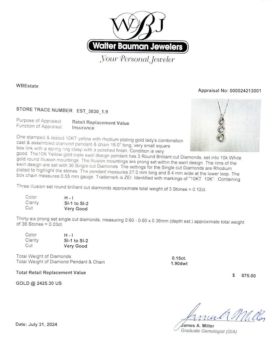 Estate 10K Y Gold 0.15ctw H-I/SI1-2 Diamond Swirl Journey Pendant