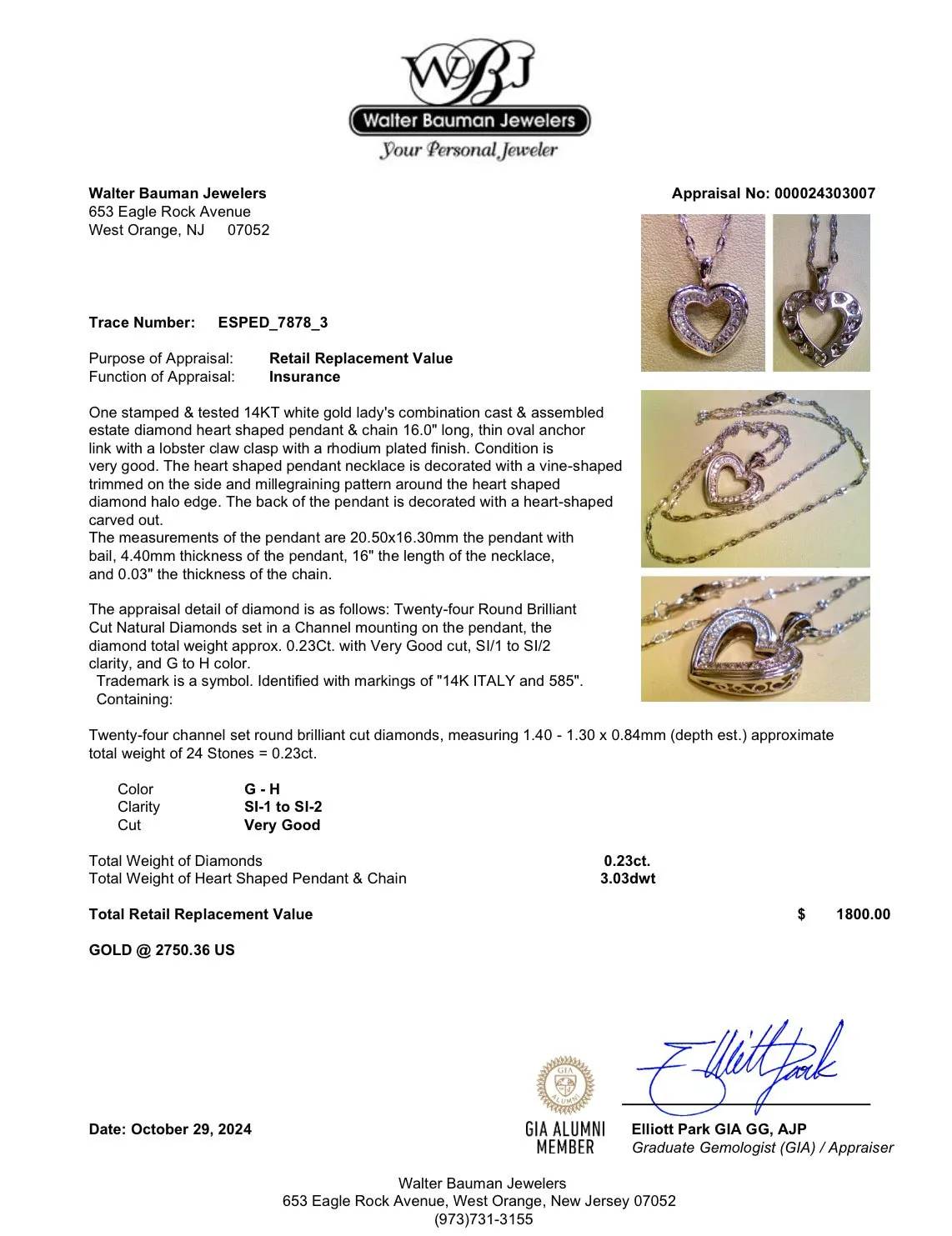 Estate 14K W Gold 0.23ctw G-H/SI1-2 Diamond Heart Pendant