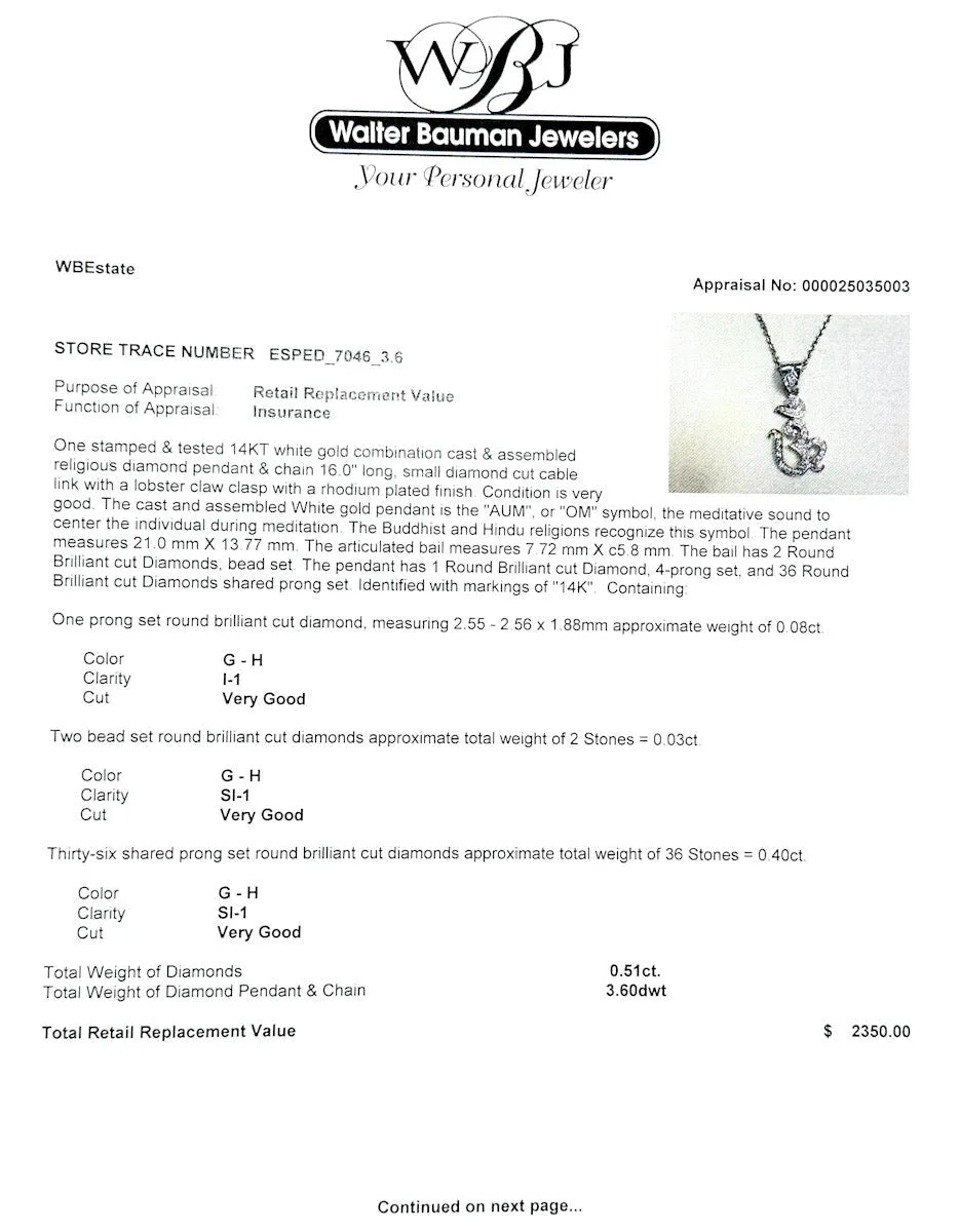 Estate 14K W Gold 0.51ctw Diamond Aum Pendant