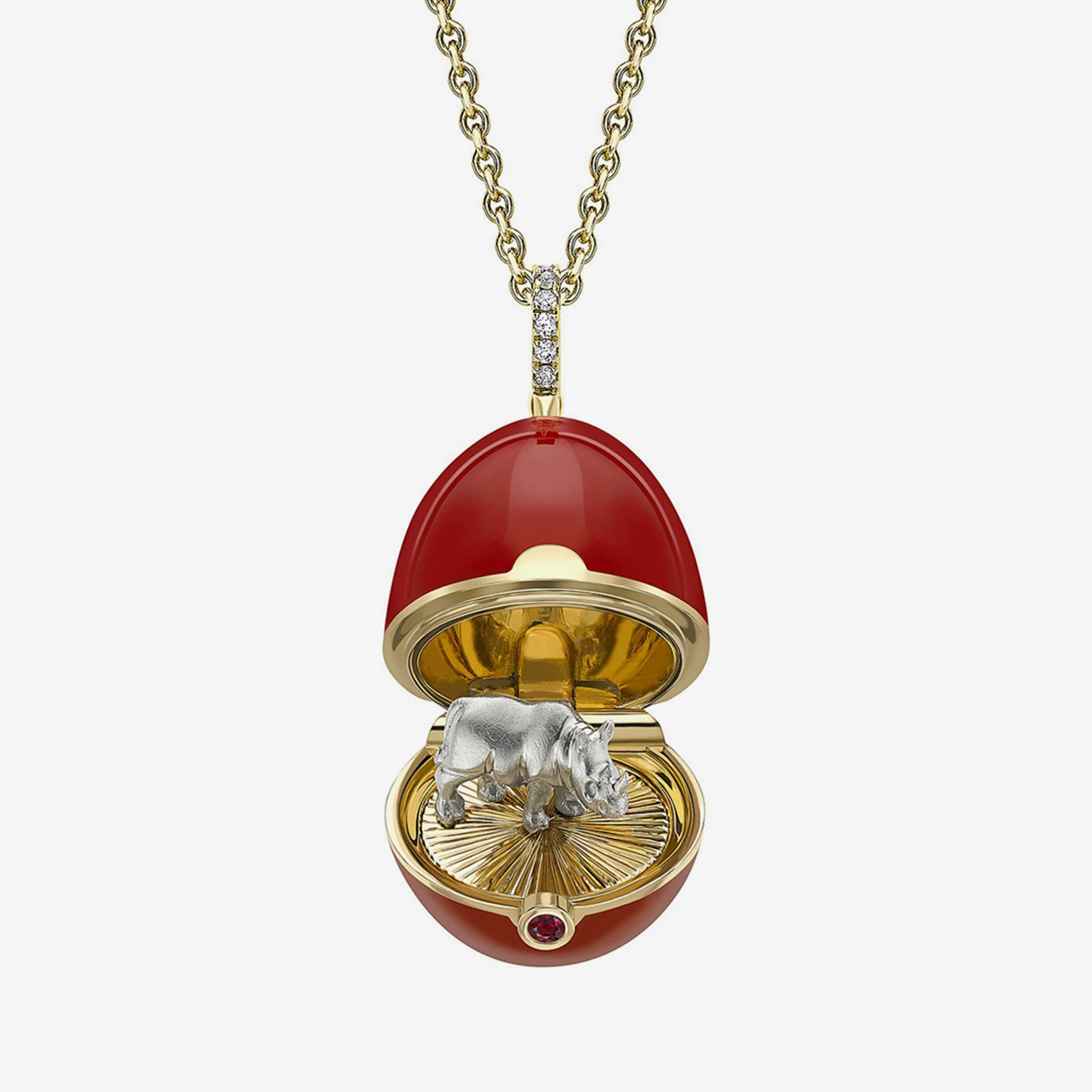 Faberg Essence 18K Yellow & White Gold, Red Lacquer Rhino Surprise Locket Pendant 1246FP3032/1