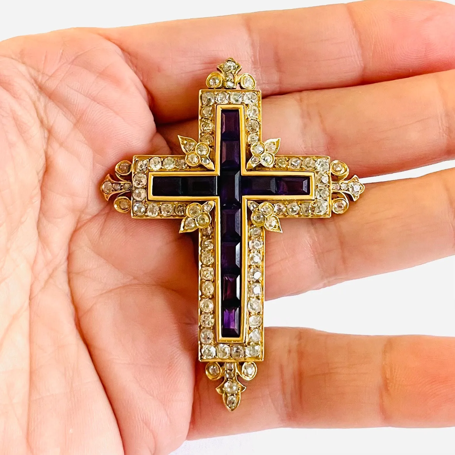 French Antique 18KT Yellow Gold Amethyst & Diamond Cross Pendant
