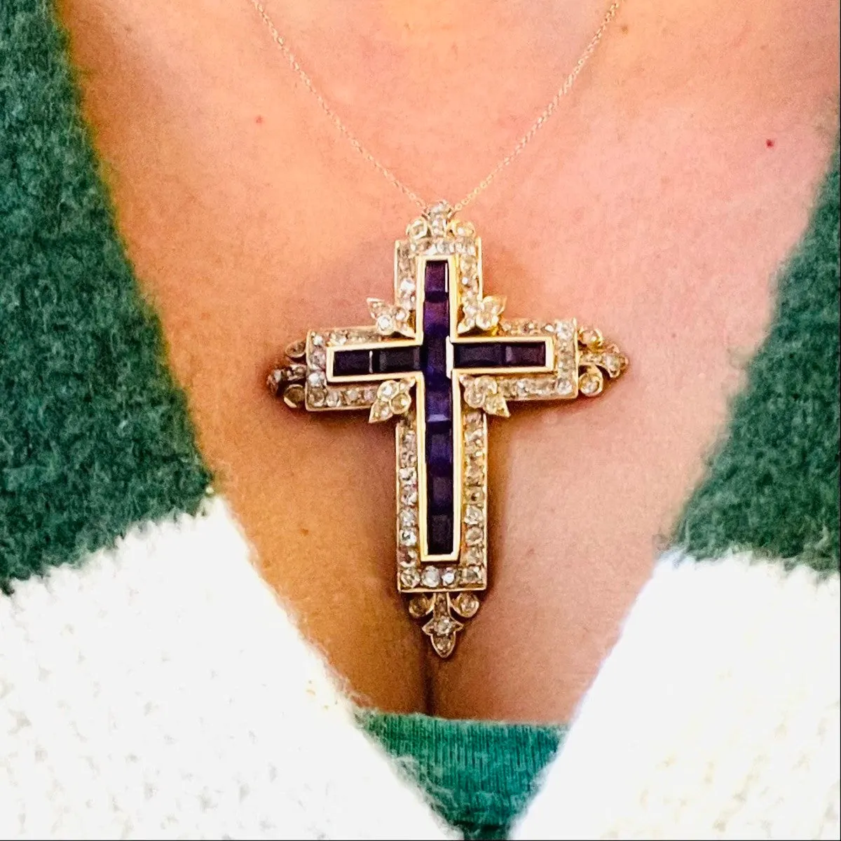 French Antique 18KT Yellow Gold Amethyst & Diamond Cross Pendant