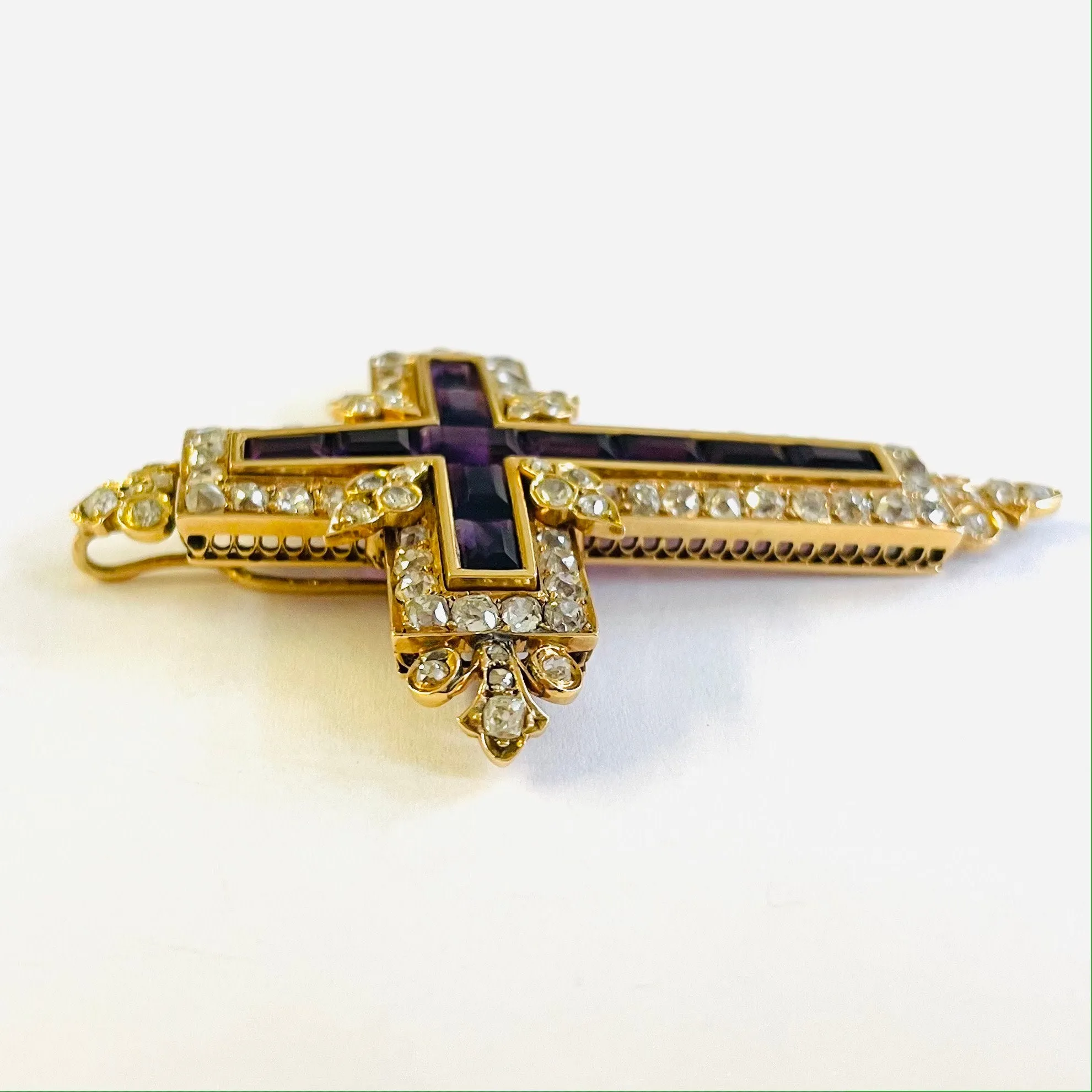 French Antique 18KT Yellow Gold Amethyst & Diamond Cross Pendant