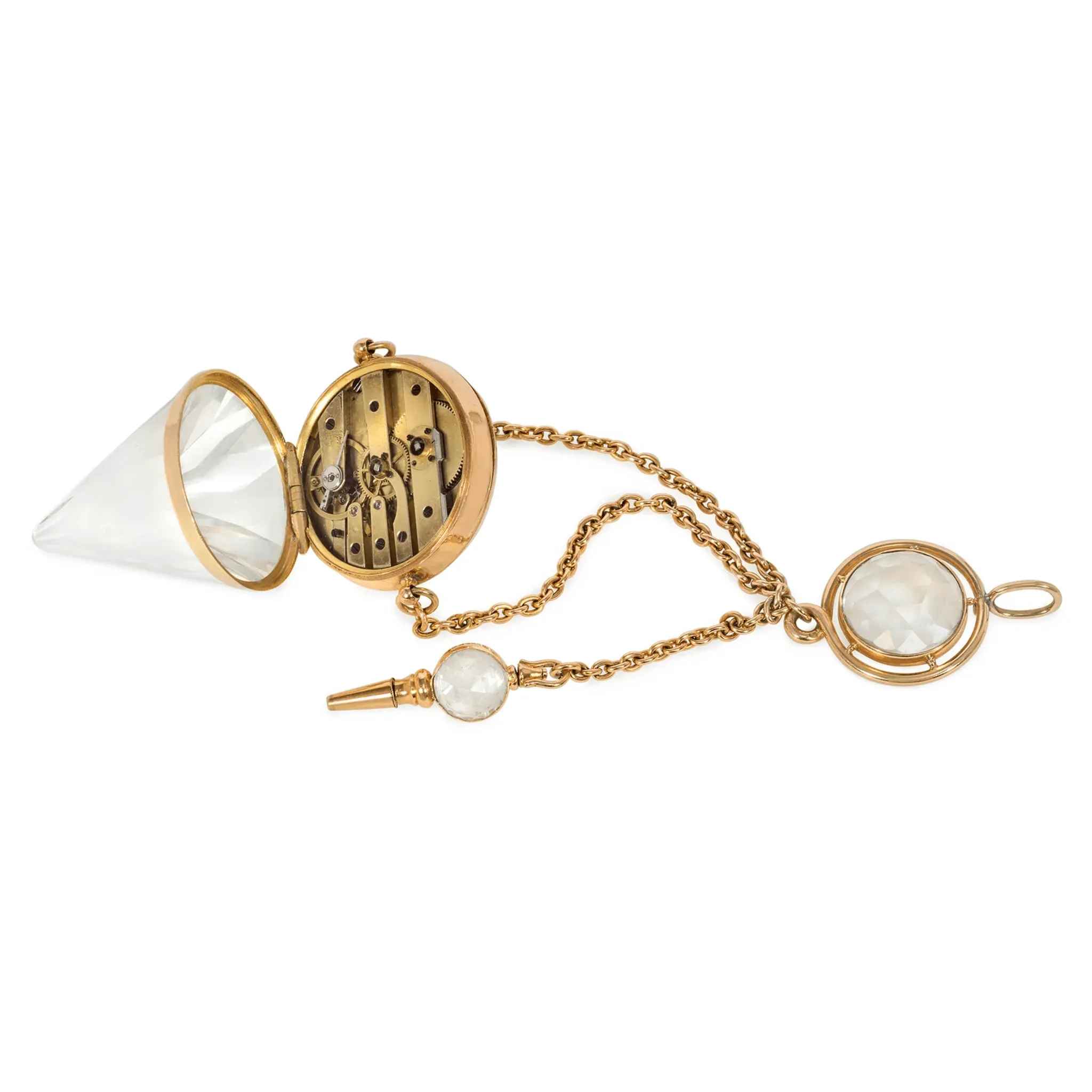 French Antique 18KT Yellow Gold Rock Crystal Watch Pendant